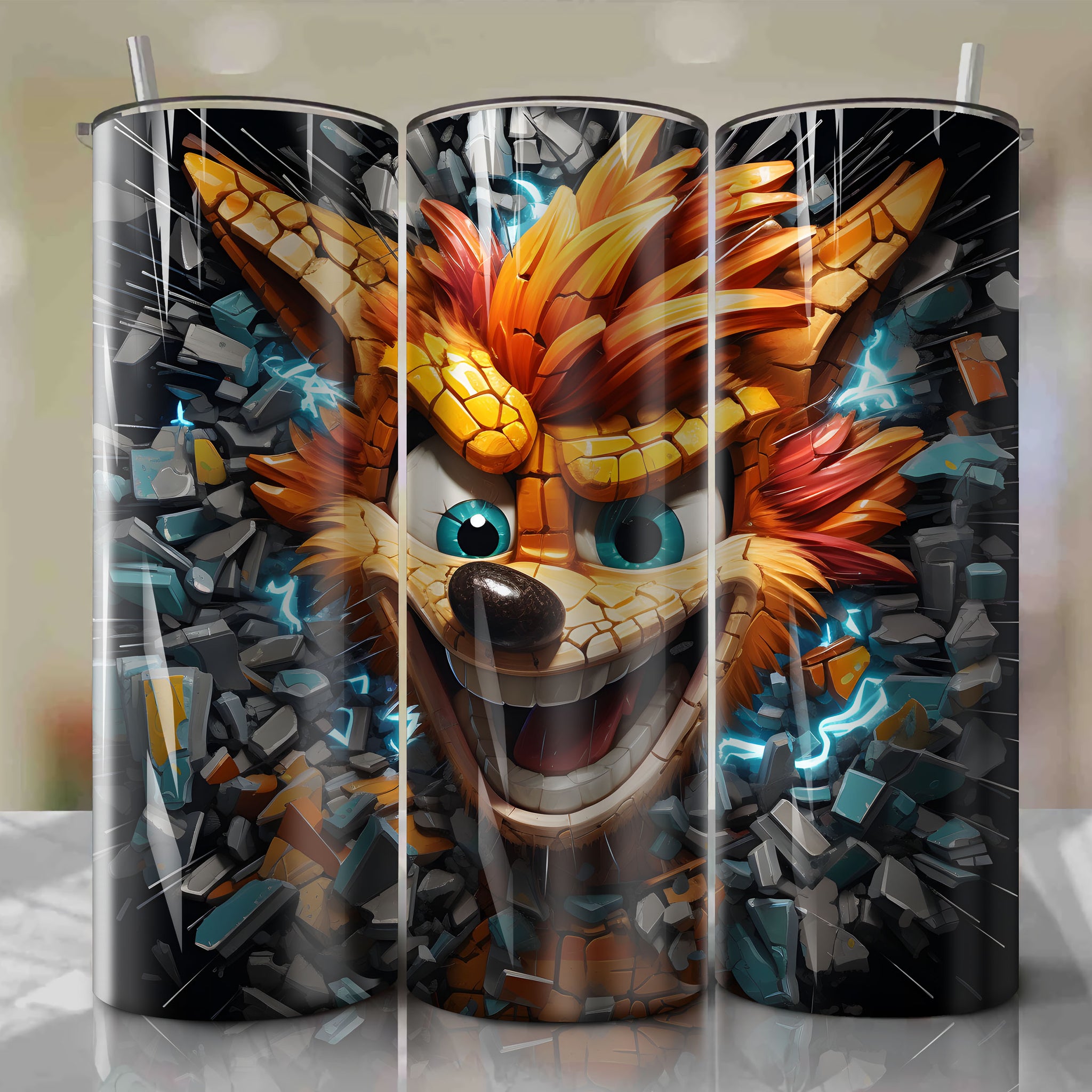 Crash Bandicoot 20 Oz Tumbler Wrap - Energetic Smashing & Colorful 3D Design by Dan Mumford
