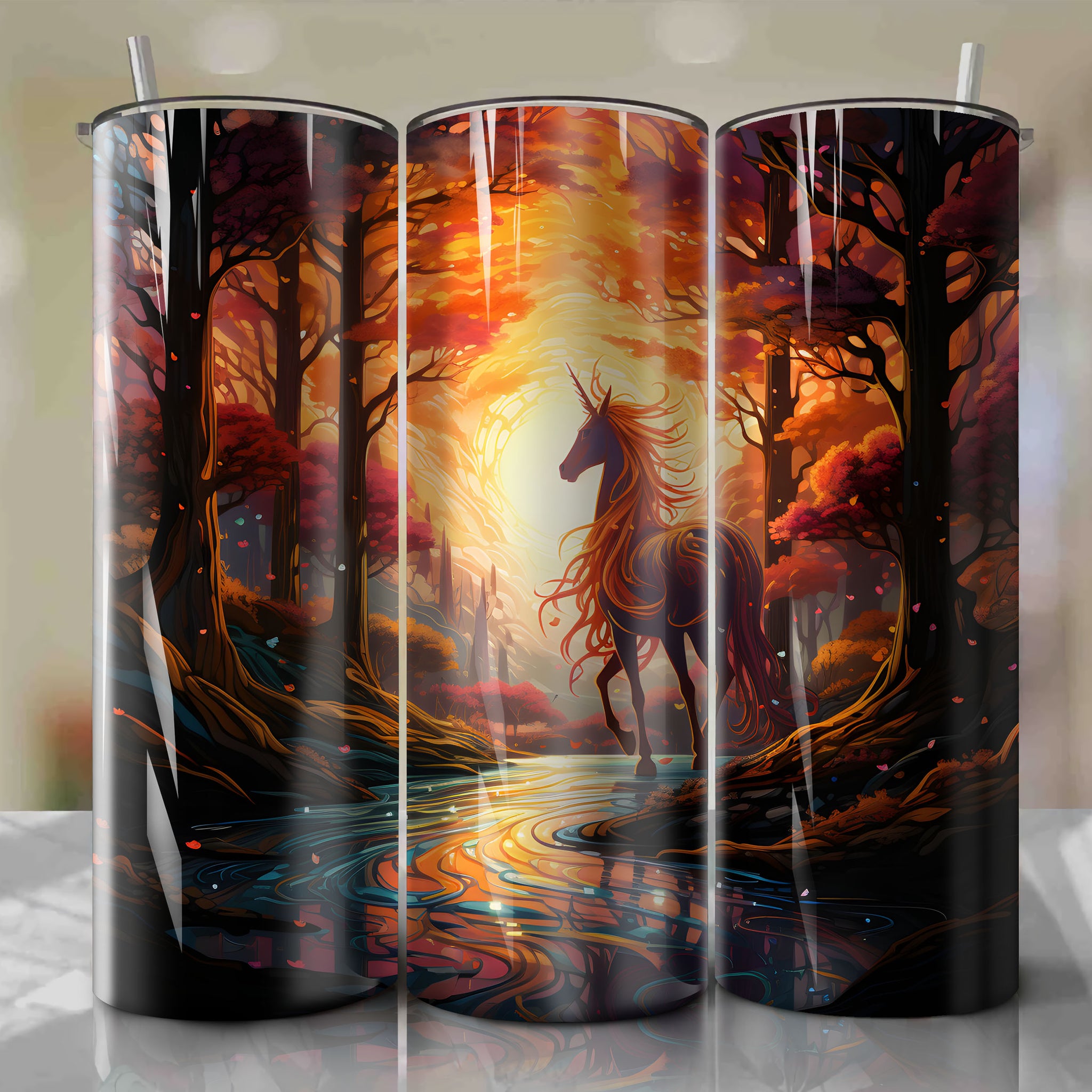 Vibrant 20 Oz Tumbler Wrap with Striking Rapidash Artwork: Fiery Grace in the Sunlit Forest
