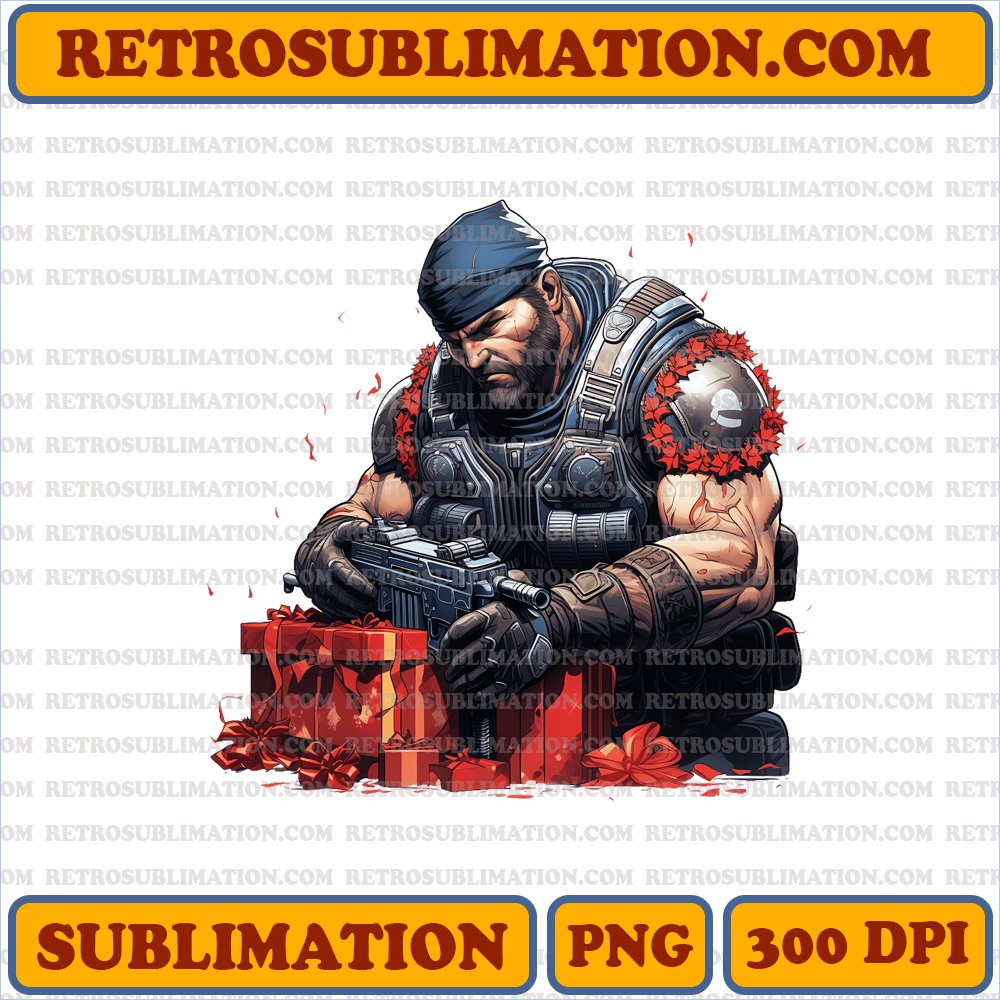 Christmas Marcus Fenix Unwrapping Gift - Gears of War - High-Contrast Sublimation PNG
