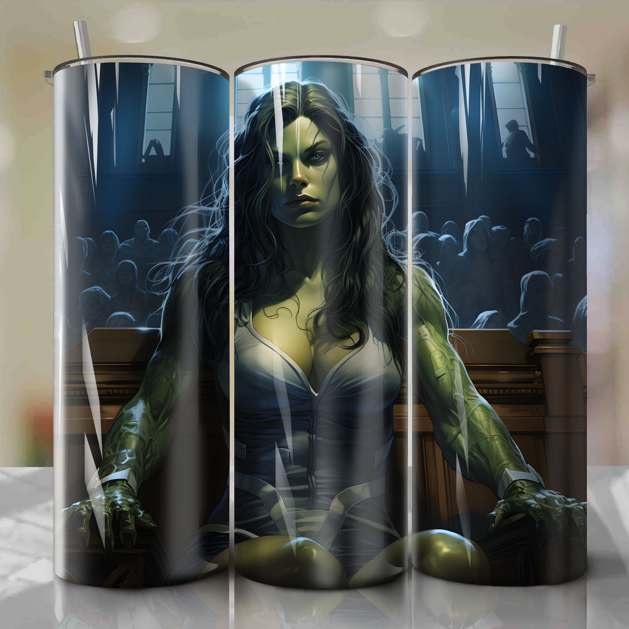 Superhero Inspired 20 Oz Tumbler Wrap - She-Hulk in Courtroom - Powerful and Confident Design
