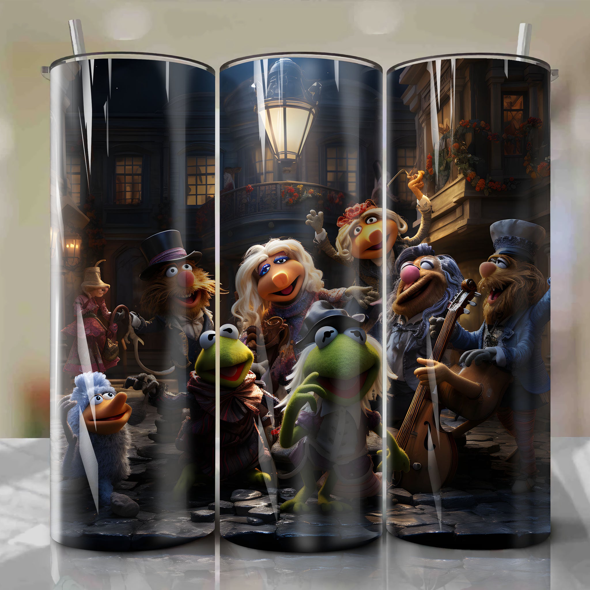 Whimsical Theater Stage: A Delightful Blend of Comedy and Drama in The Muppets' Christmas Carol Tumbler Wrap
