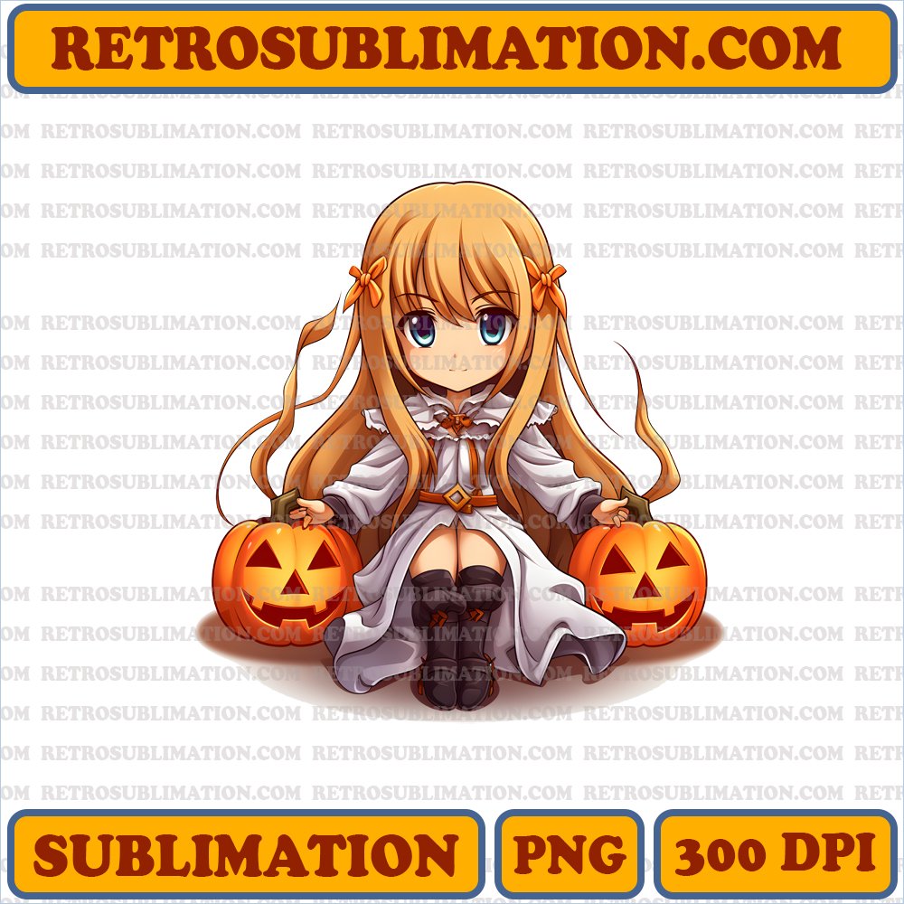 Determined Chibi Asuna Leading a Halloween-Themed Raid Party - Unique Sublimation PNG Digital Download
