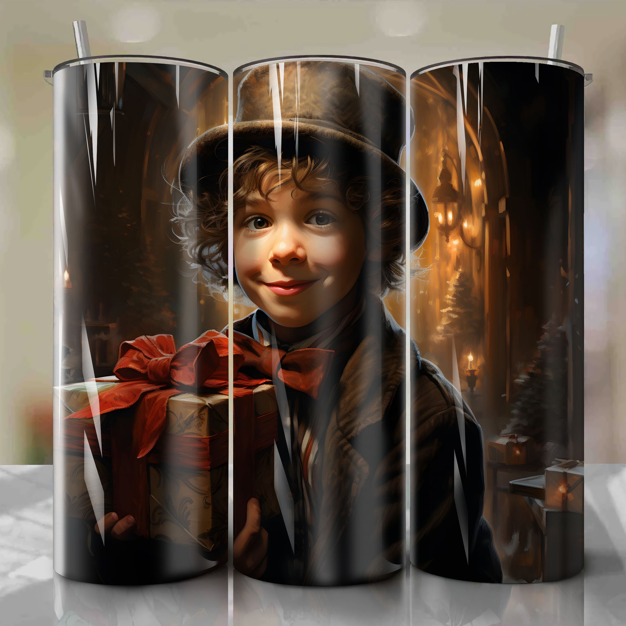 Tumbler Wrap - A Stunning Portrait of Tiny Tim Cratchit in a Joyful Christmas Setting
