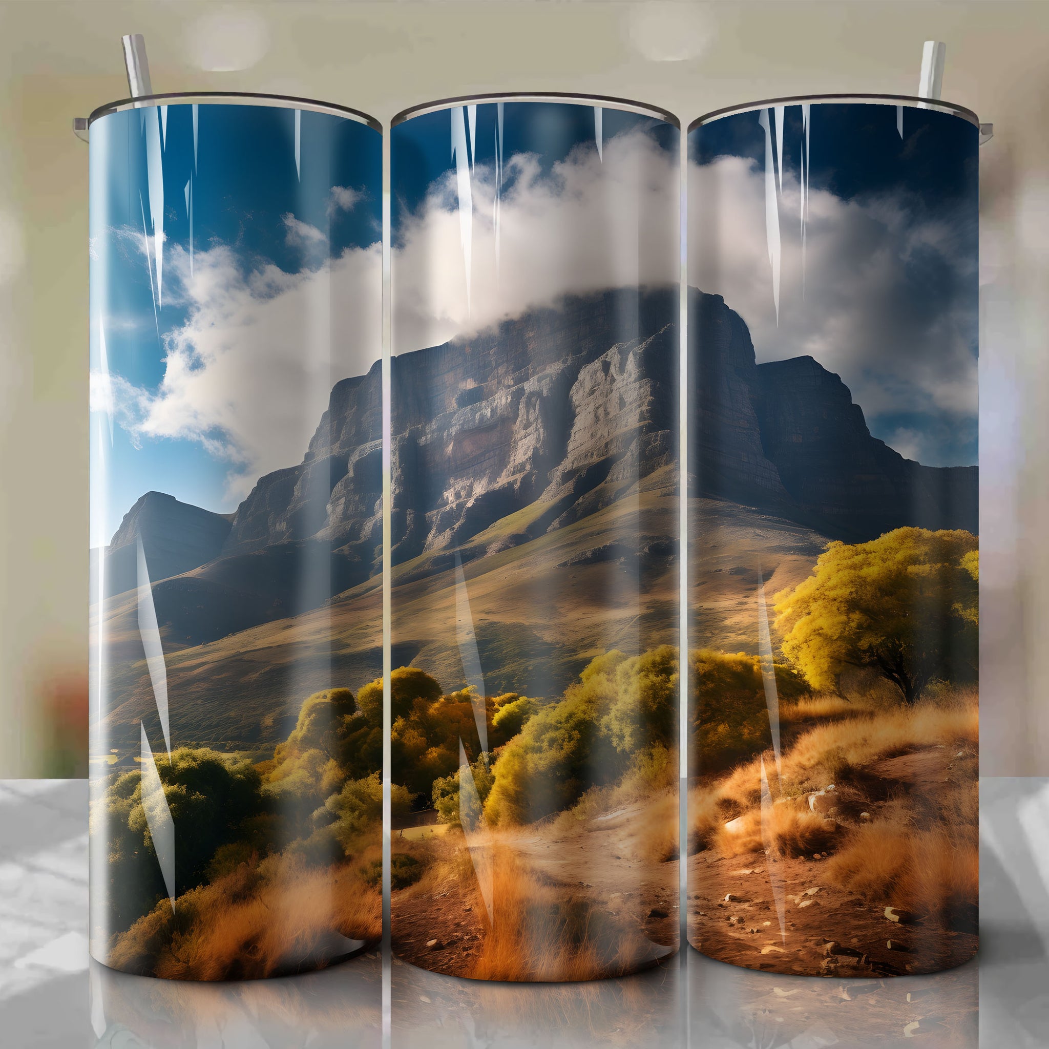 Table Mountain in Autumn: Cloudy Sky and Pointillism-inspired Tumbler Wrap
