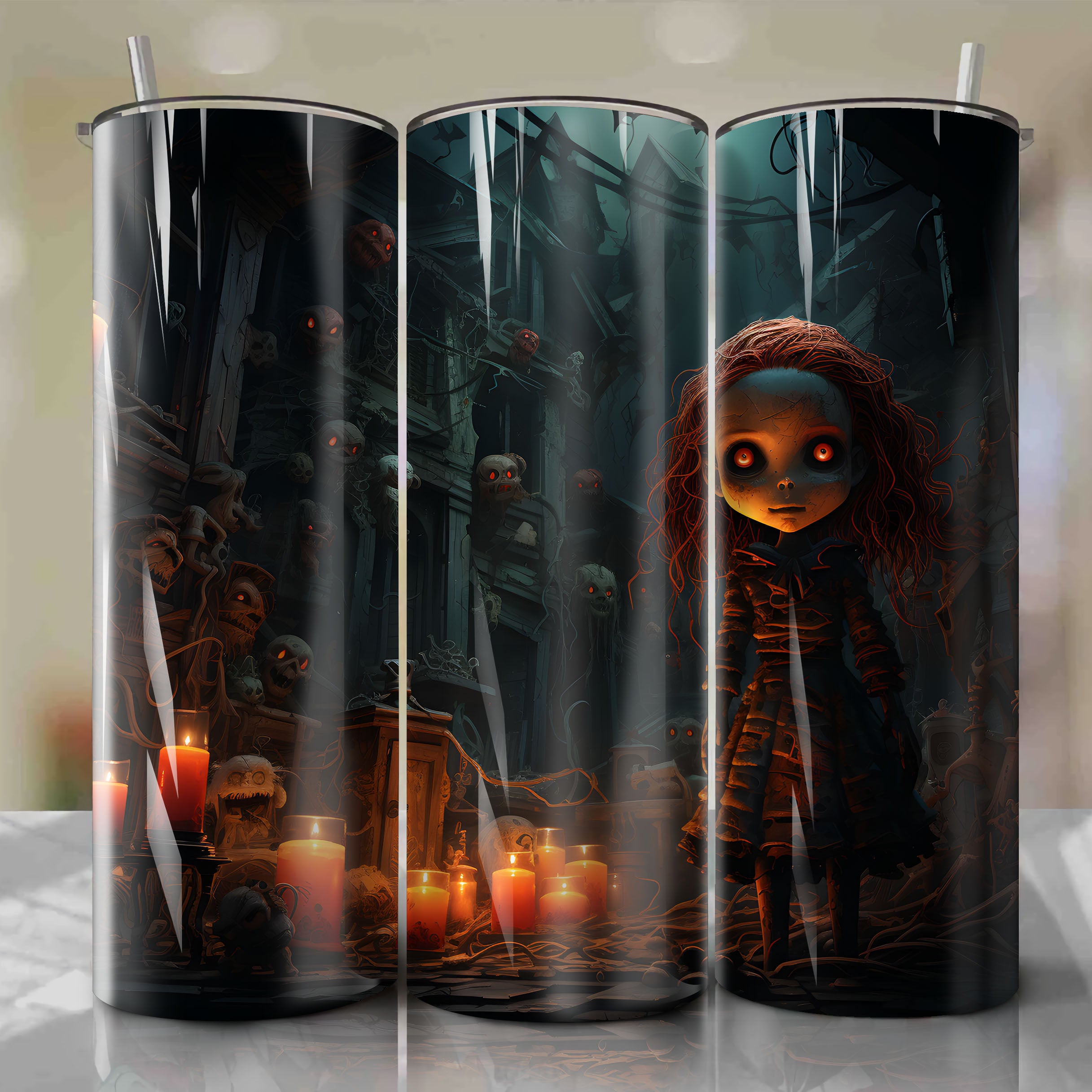 20 Oz Tumbler Wrap - Menacing Annabelle Doll Escapes in 3D Illustratio