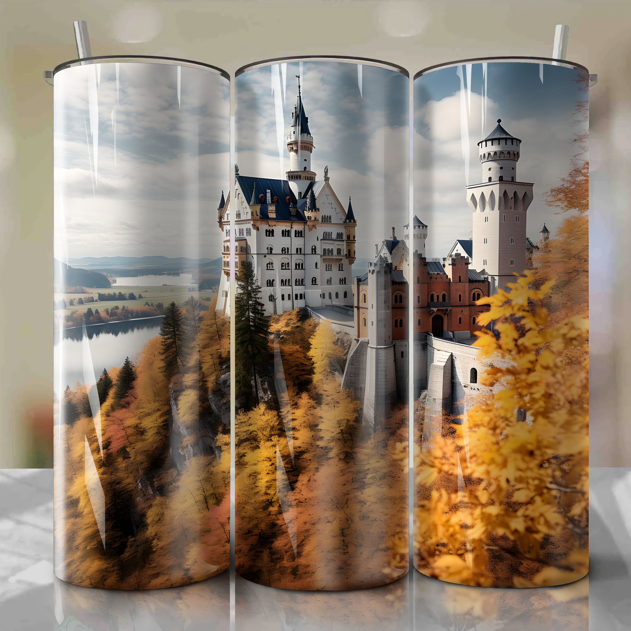 Tumbler Wrap: Neuschwanstein Castle, Germany's Captivating Autumn - Light Breeze Panorama Shot with Pastels
