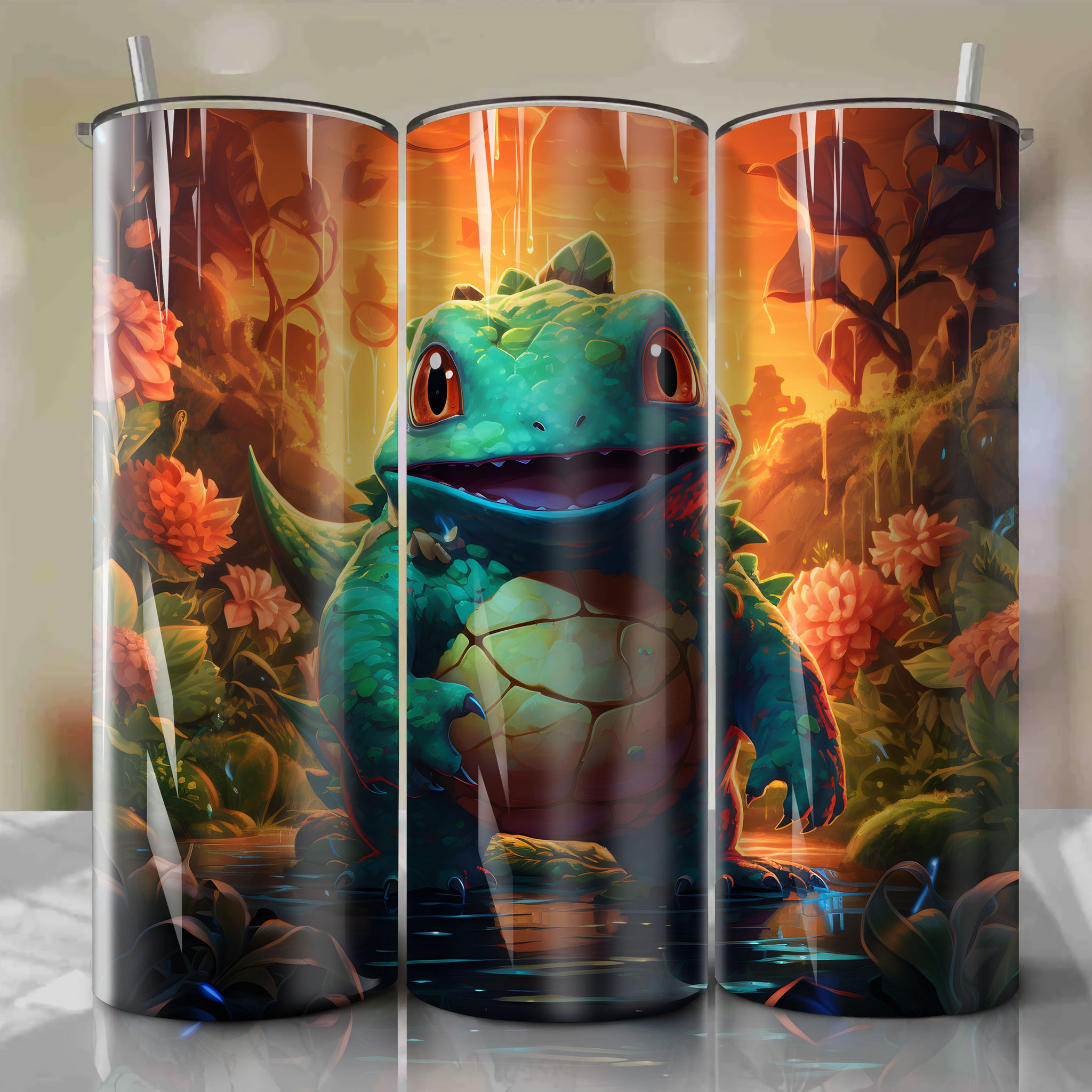 Bulbasaur 20 oz Tumbler Wrap - Vibrant 3D Illustration of the Lovable Grass-Type Pokémon
