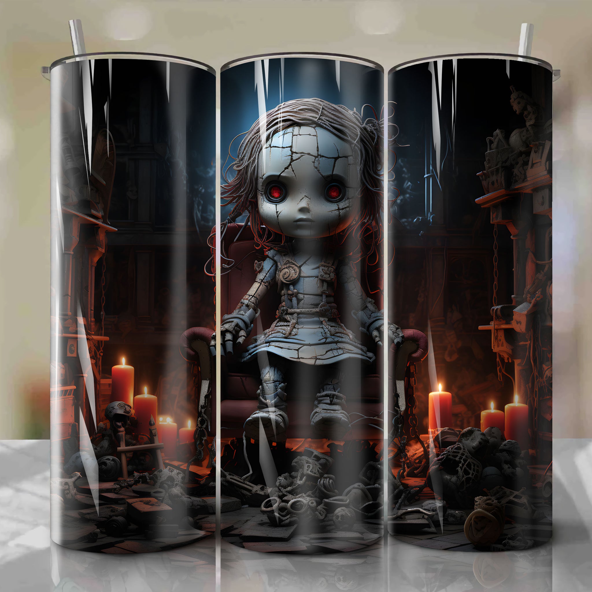 Haunted 20 Oz Tumbler Wrap: Malevolent Doll Annabelle Escaping in Dan Mumford's Chilling Artwork
