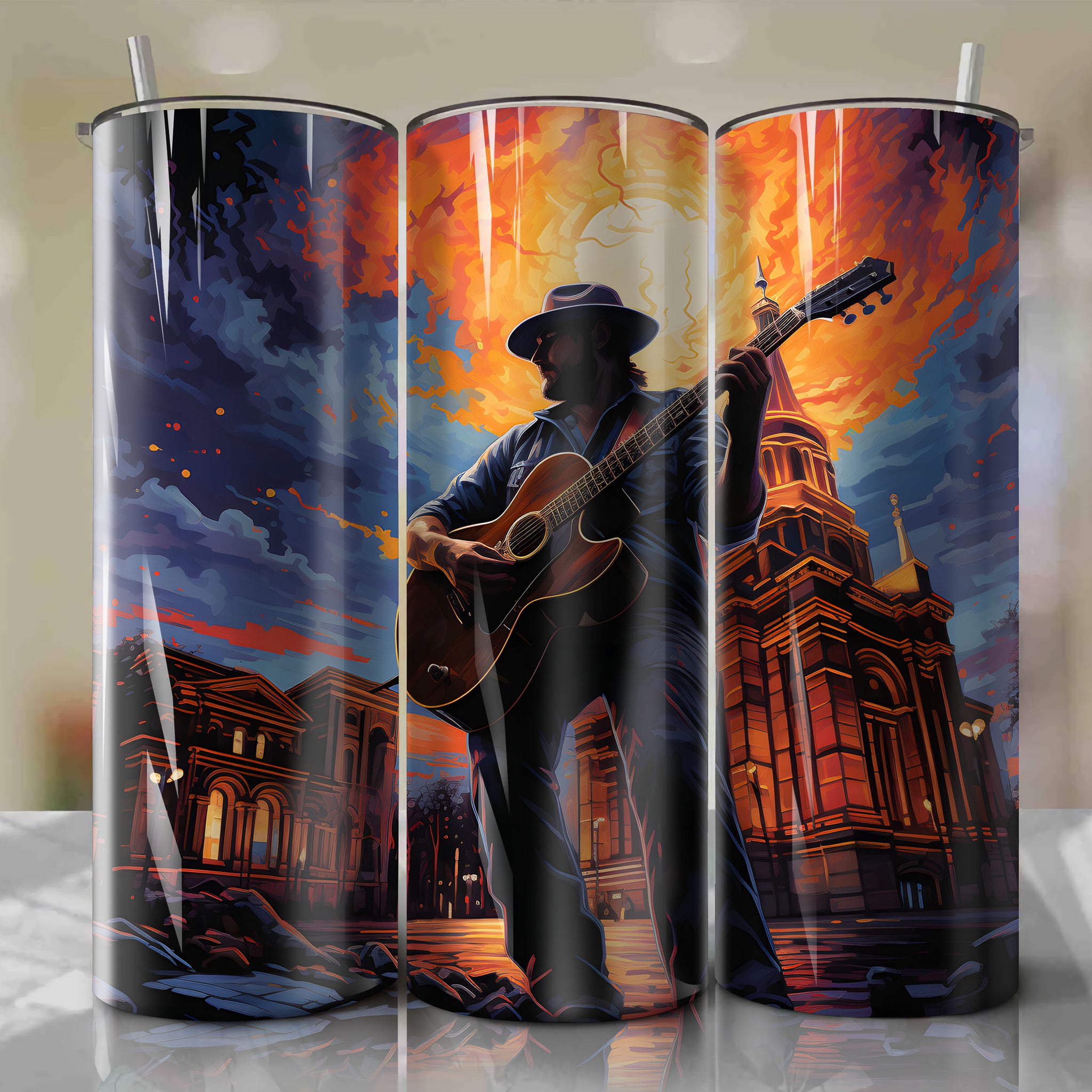 Vibrant 20 Oz Tumbler Wrap: A Twilight Courthouse Scene Inspired by Troubadour Jason Aldean
