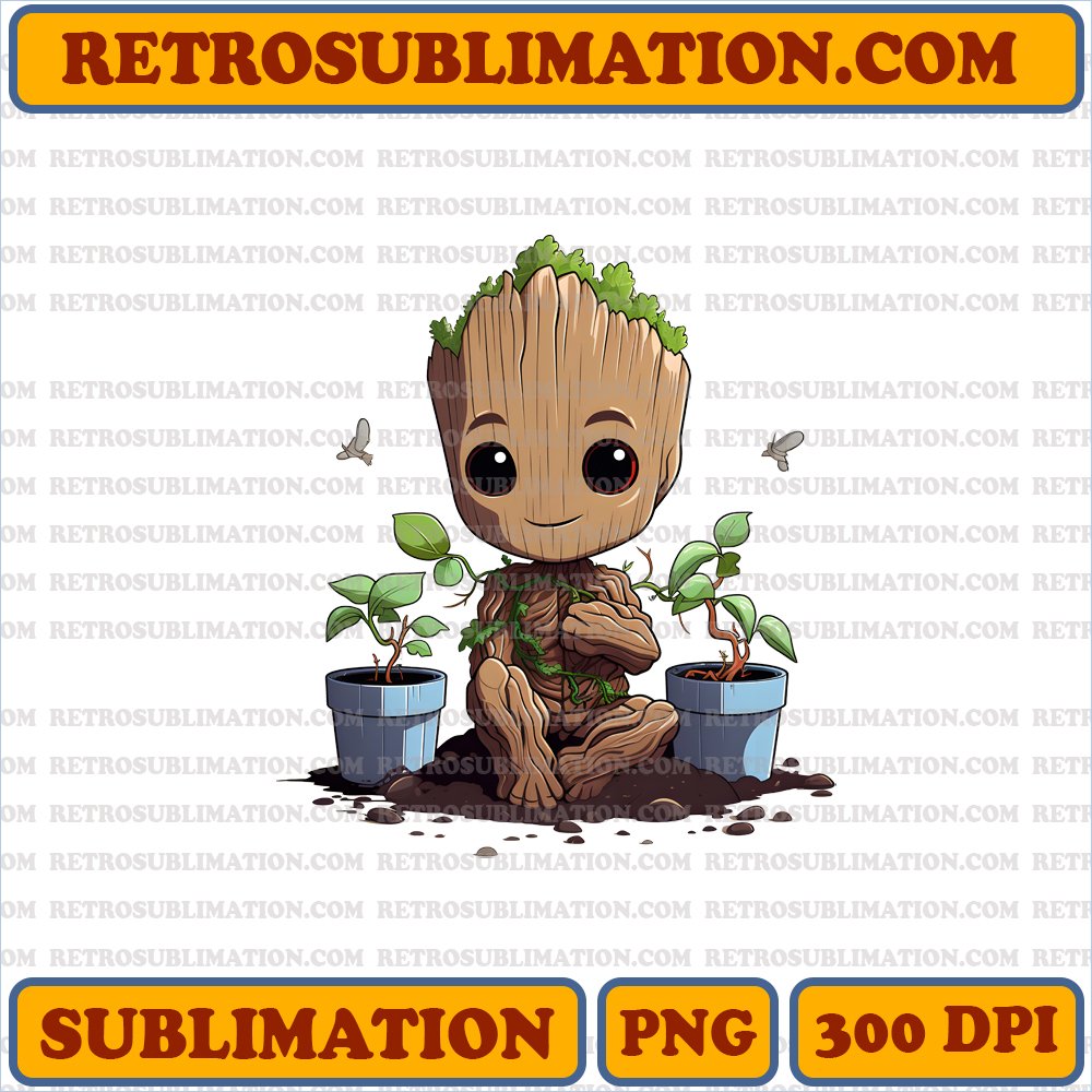 Curious Groot - Chibi Sublimation PNG Digital Download - Watering Toy Plants - Bootleg Style - Primary Colors
