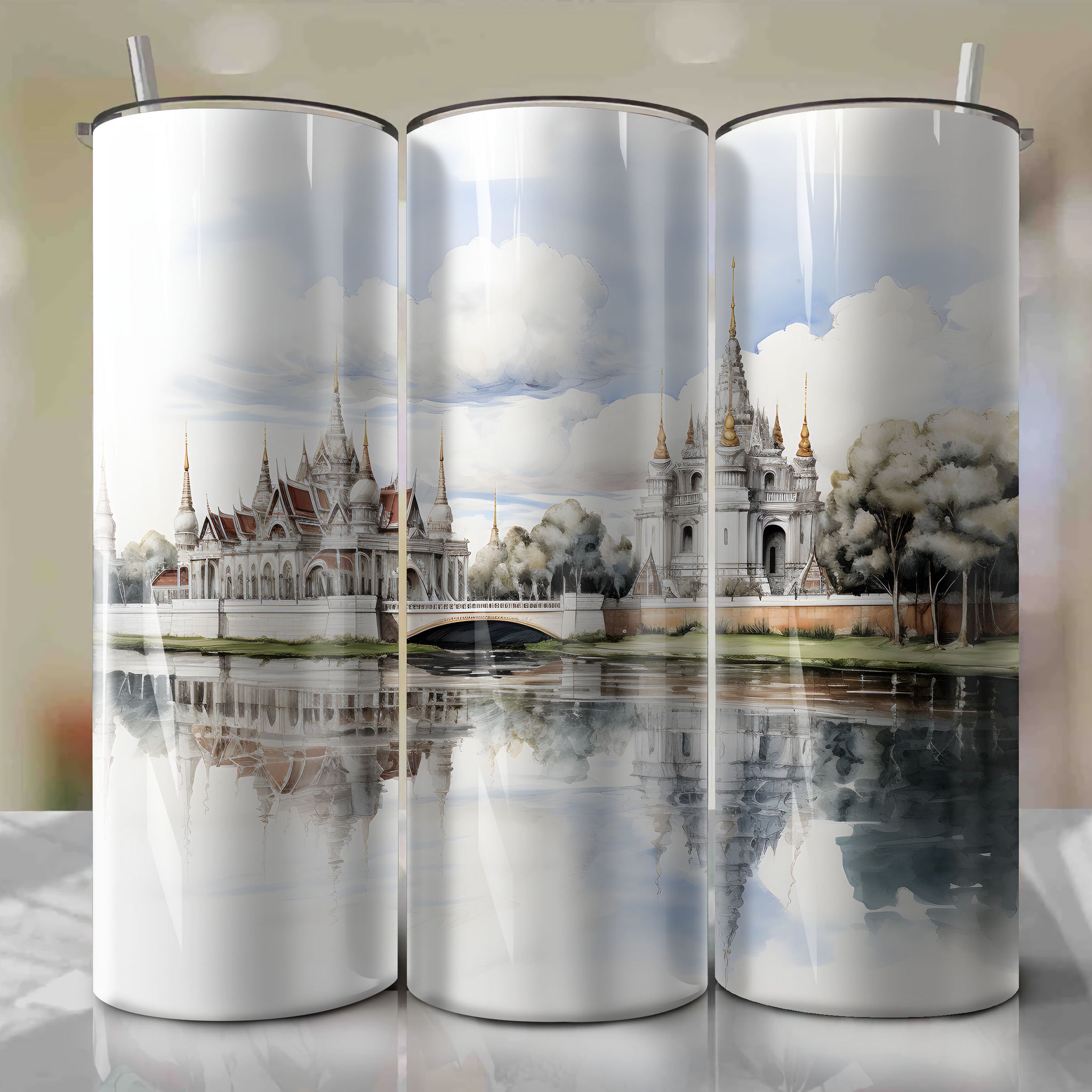 Sketching Charcoal: The Grand Palace, Thailand - Autumn Landscape with Clear Sky (Medium ISO) - Tumbler Wrap
