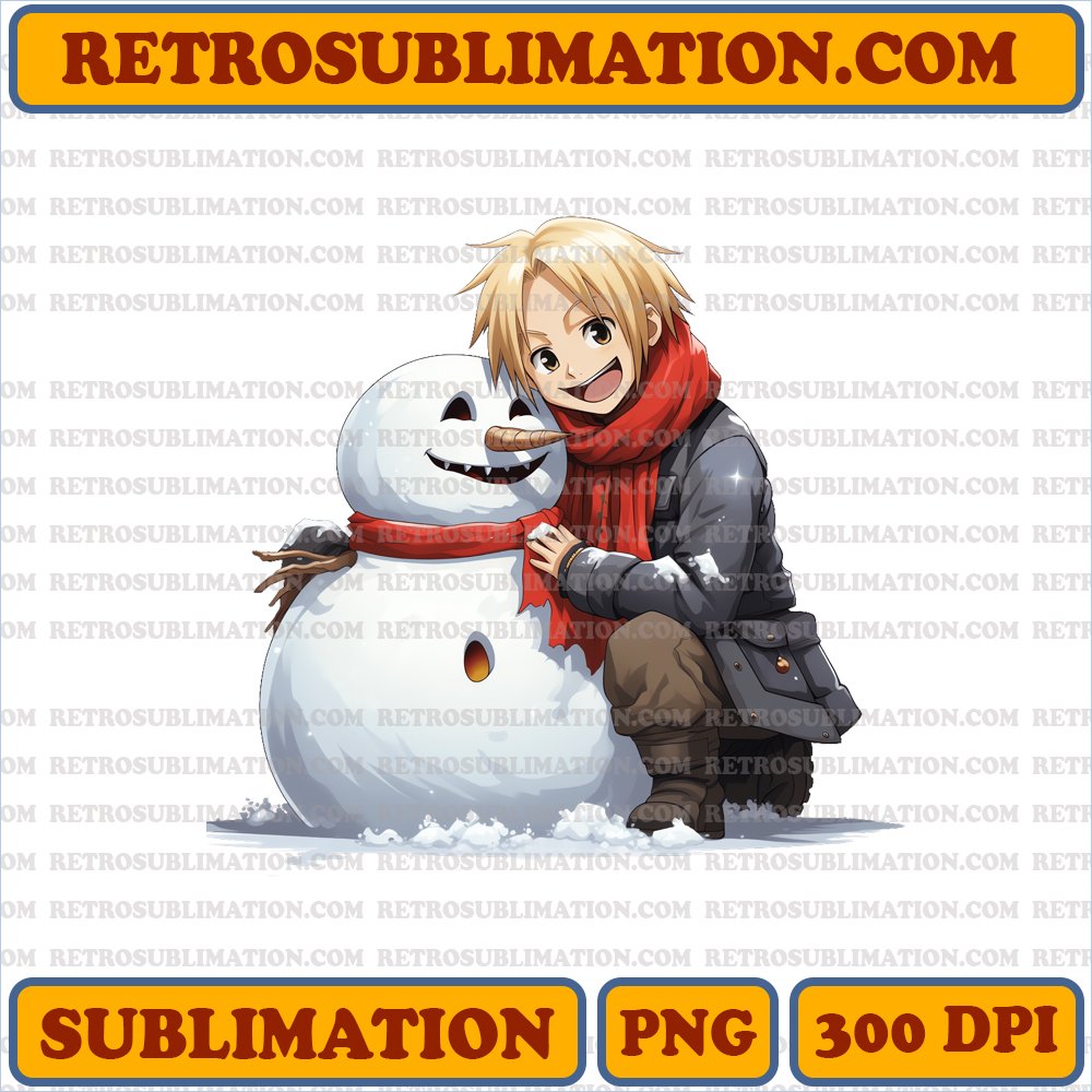 Edward Elric Christmas Snowman - Playful Cartoon Sublimation PNG Digital Download
