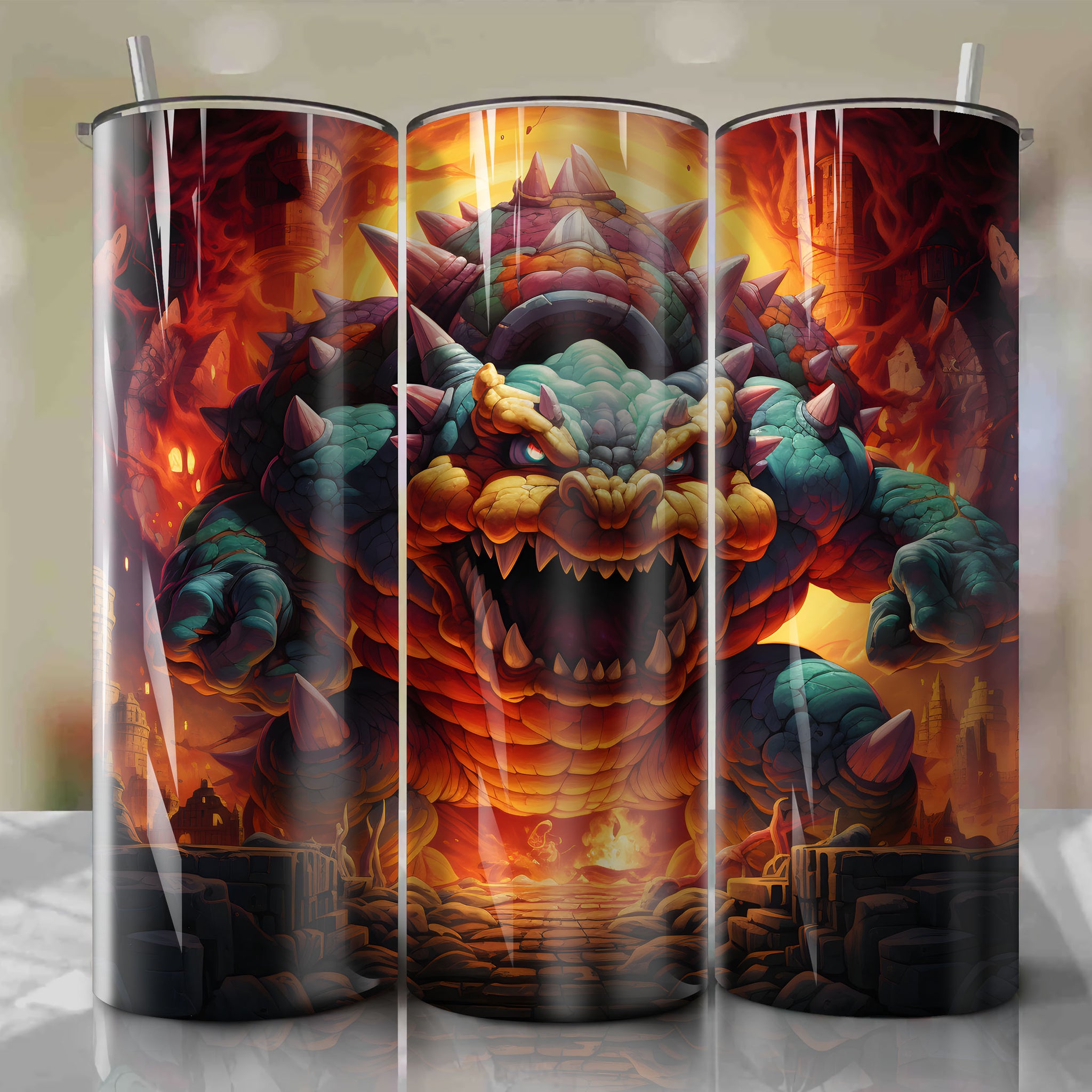 Super Mario Bros. Bowser 20 Oz Tumbler Wrap - Stunning 3D Artwork Depicting Bowser Escaping His Fiery Castle
