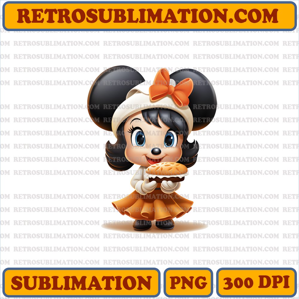 <<Thanksgiving Surprise>> Digital Download - <Minnie Mouse> in Pilgrim Hat & Pumpkin Pie Unique - Creative - Sublimation PNG.
