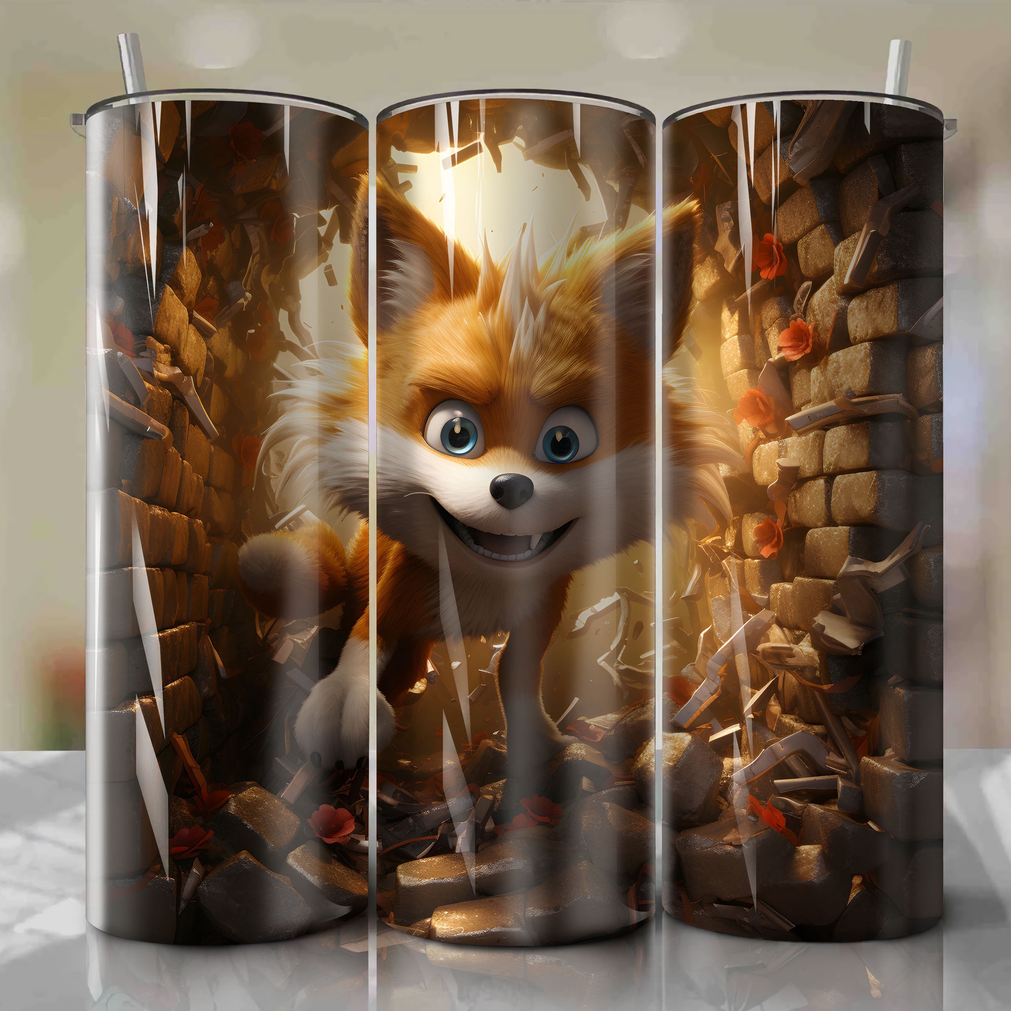 Vibrant 3D Artwork of Tails the Loyal Fox Peeking Through a Mystic Ruins Crack
