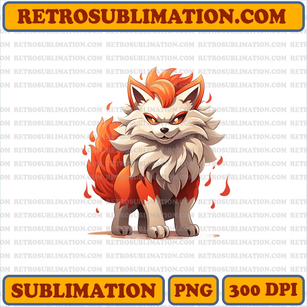 Arcanine Fire-Type Pokemon - Majestic Cartoon Graphic - Vibrant Colors - Sublimation PNG Download
