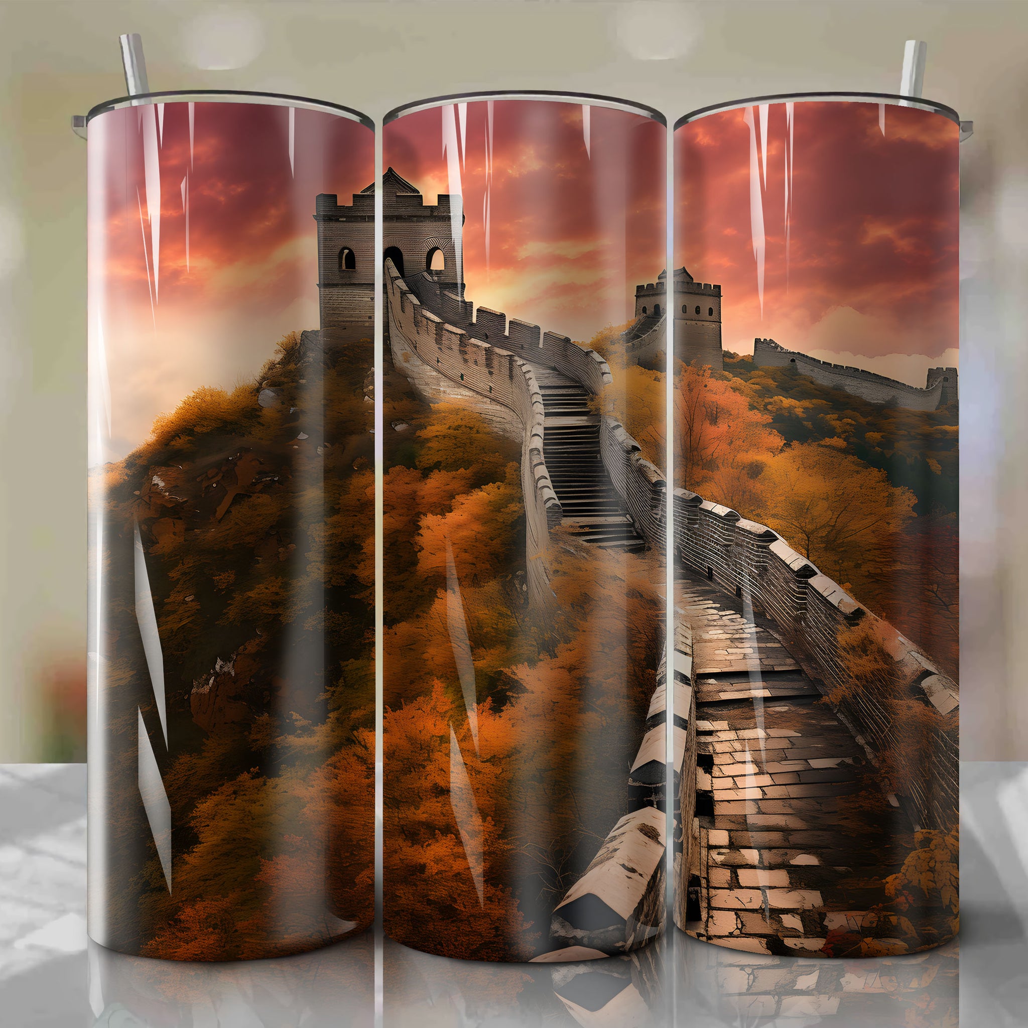 Autumn Dusk at the Great Wall of China: Tumbler Wrap for a Textured Mixed Media Masterpiece
