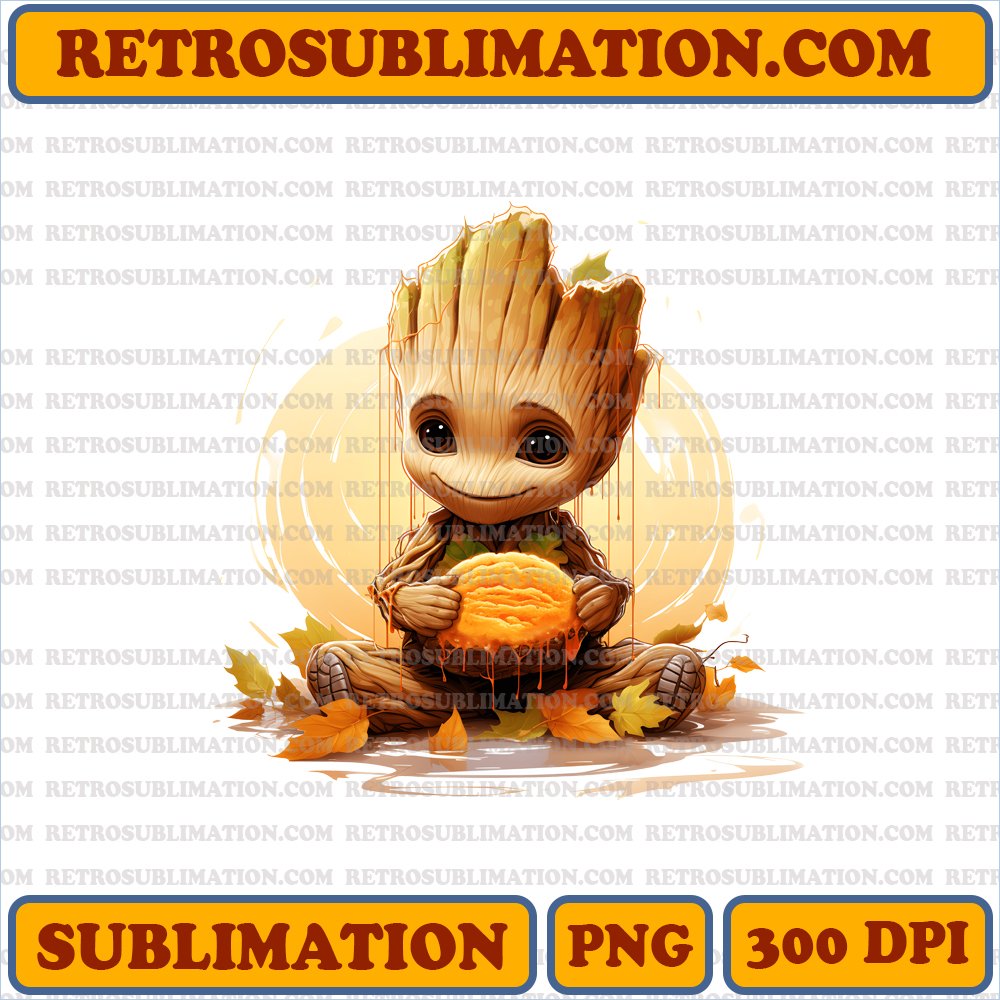 Groot's First Taste - Baby Groot Trying Pumpkin Pie - Digital Download PNG Sublimation - Unique & Creative Thanksgiving Design
