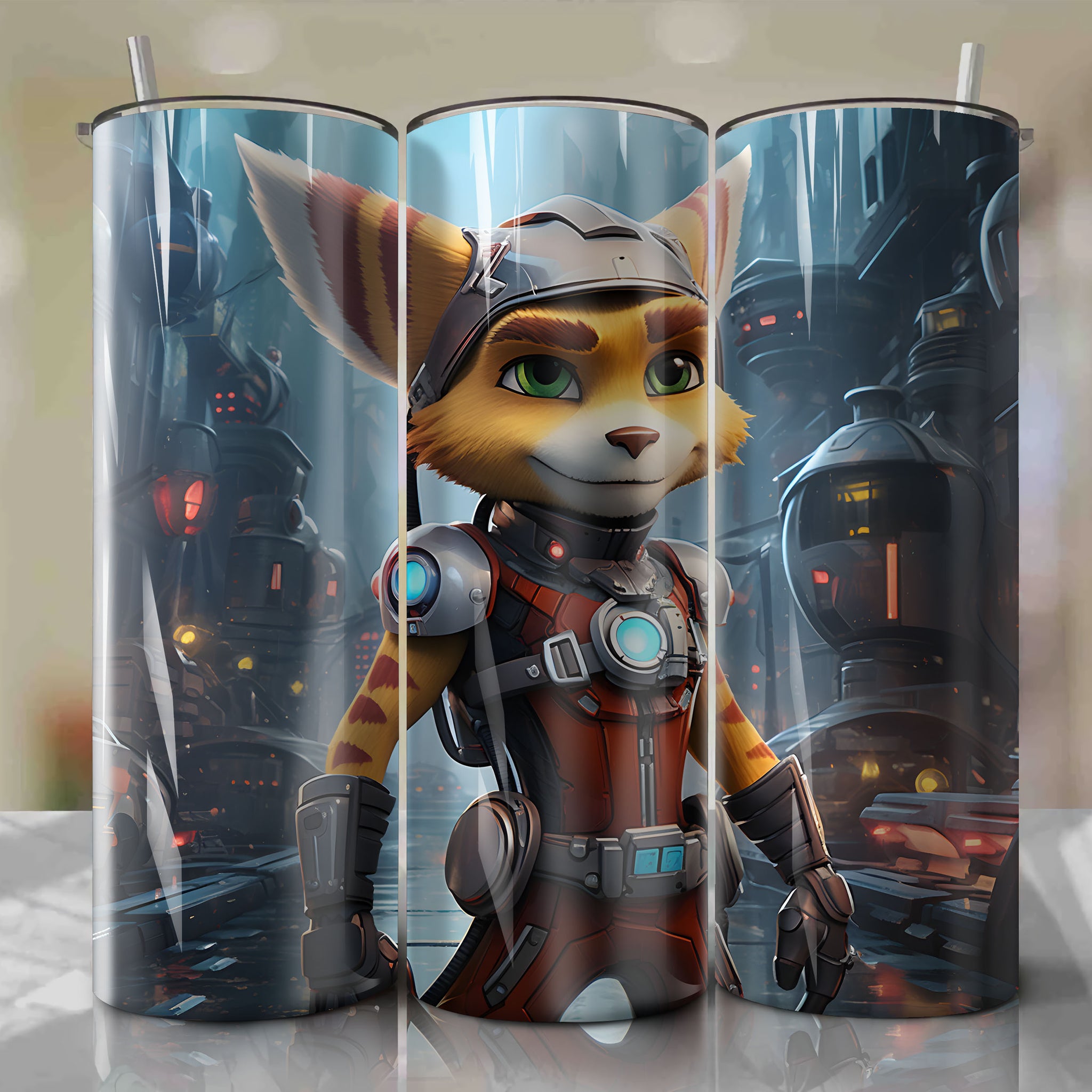 Ratchet & Clank's Adventurous Lombax in Vibrant Cityscape - 3D Illustration of Excitement and Curiosity
