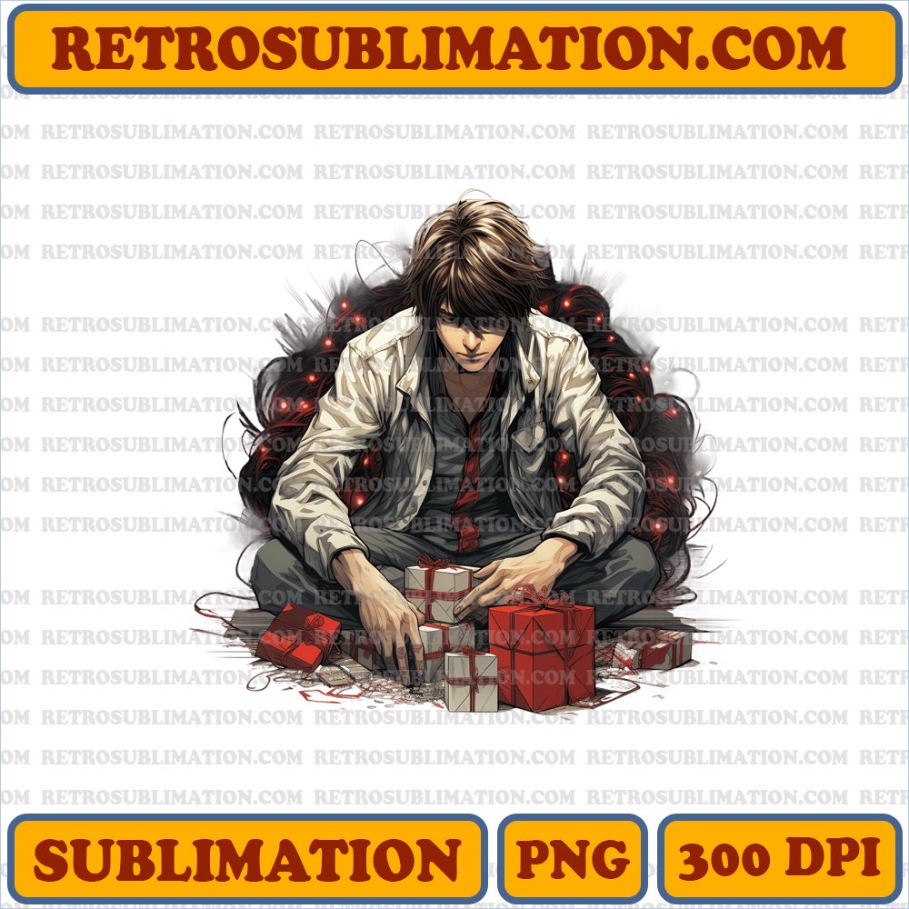 Christmas Light Yagami - Unwrapping Gifts with Analytical Gaze - Sublime Cartoon Sublimation PNG
