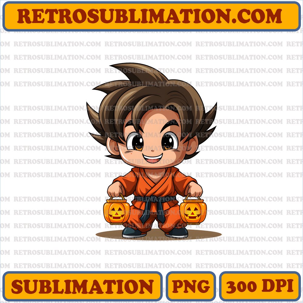 Chibi Son Goku Pumpkin Lantern PNG Digital Download - Mischievous Grin - Bootleg Style - White Background - Primary Colors - Maximum Contrasts - Typography - -10
