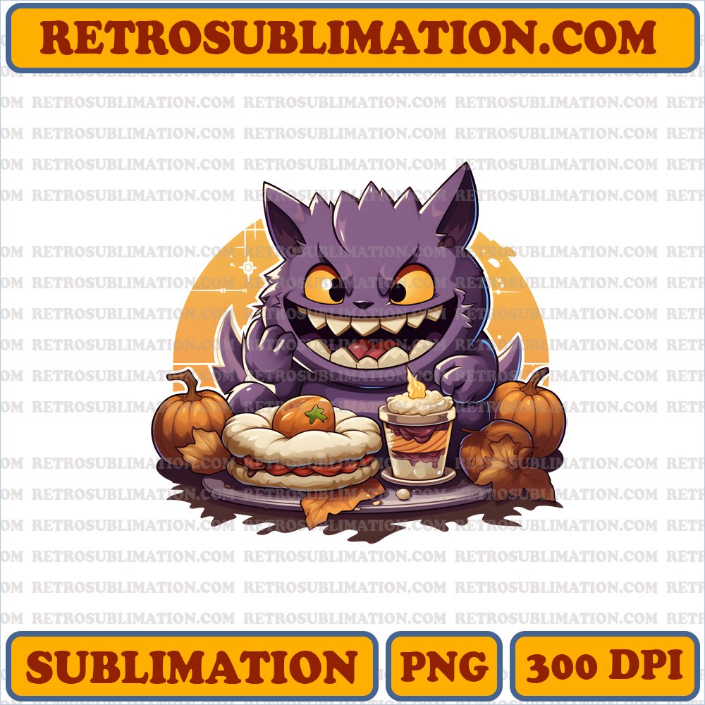 Cheeky Thanksgiving Gengar - Sneaky Pumpkin Pie Thief PNG Digital Download
