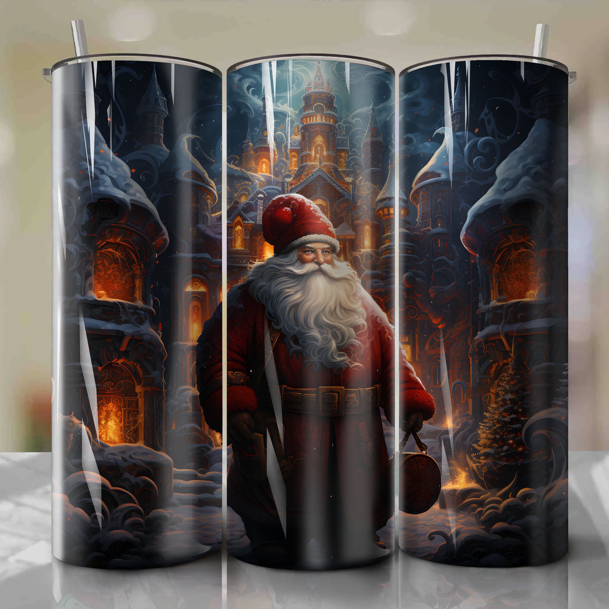 Tumbler Wrap: Santa Claus Emerging from a Chimney in a Snowy Winter Wonderland
