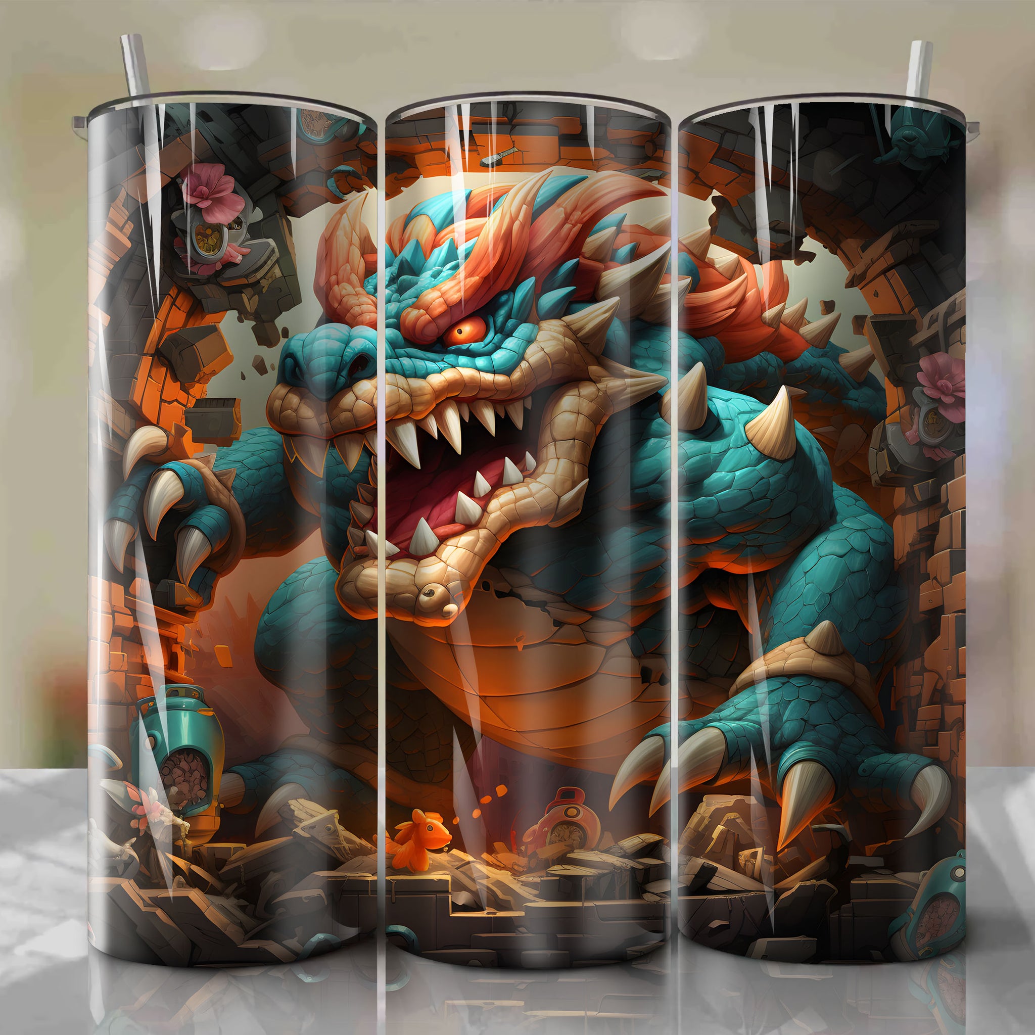 Vibrant 3D Bowser Crashes Through Fragments - Super Mario 20 Oz Tumbler Wrap
