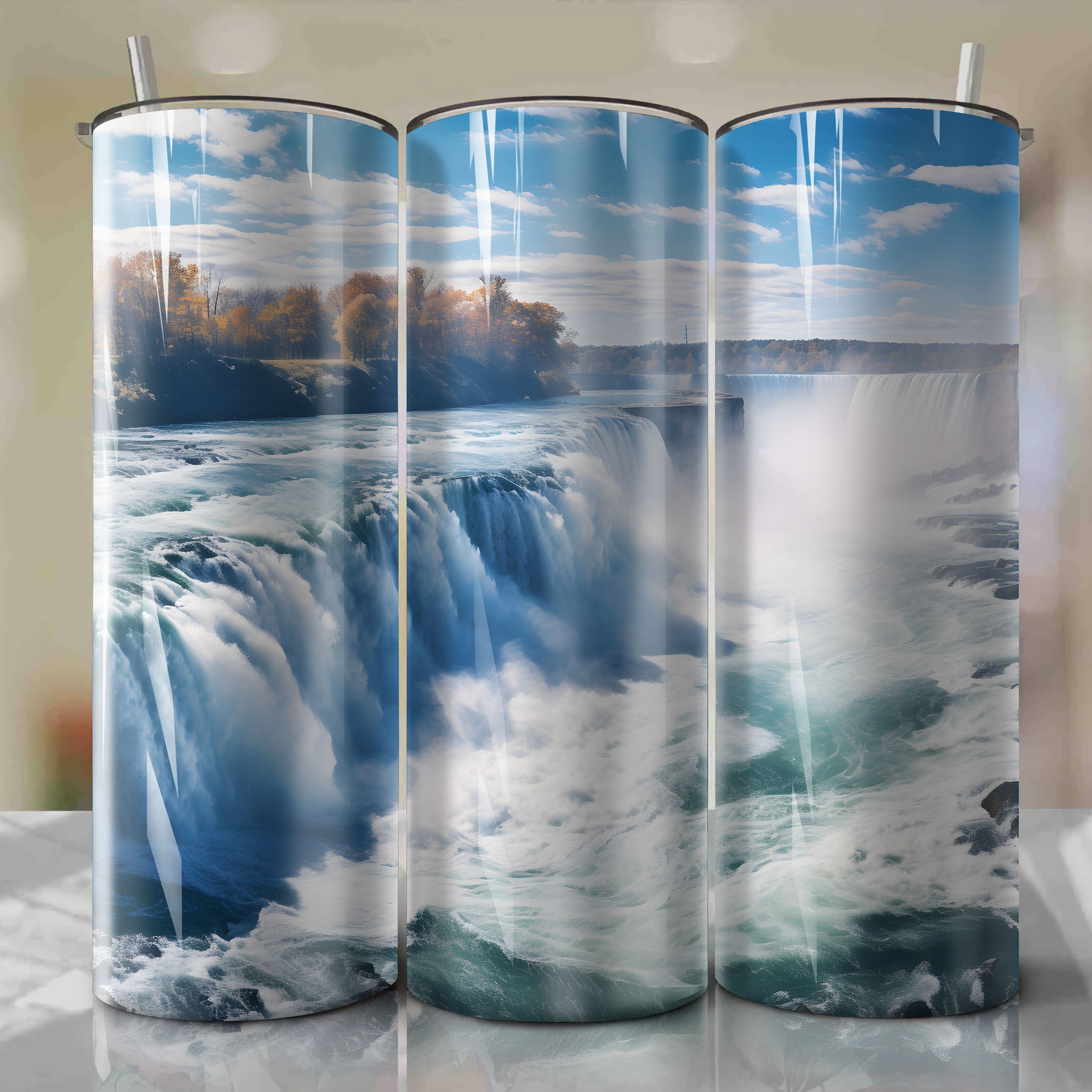 Autumn Panorama of Niagara Falls: Tumbler Wrap with Pastel Drawing
