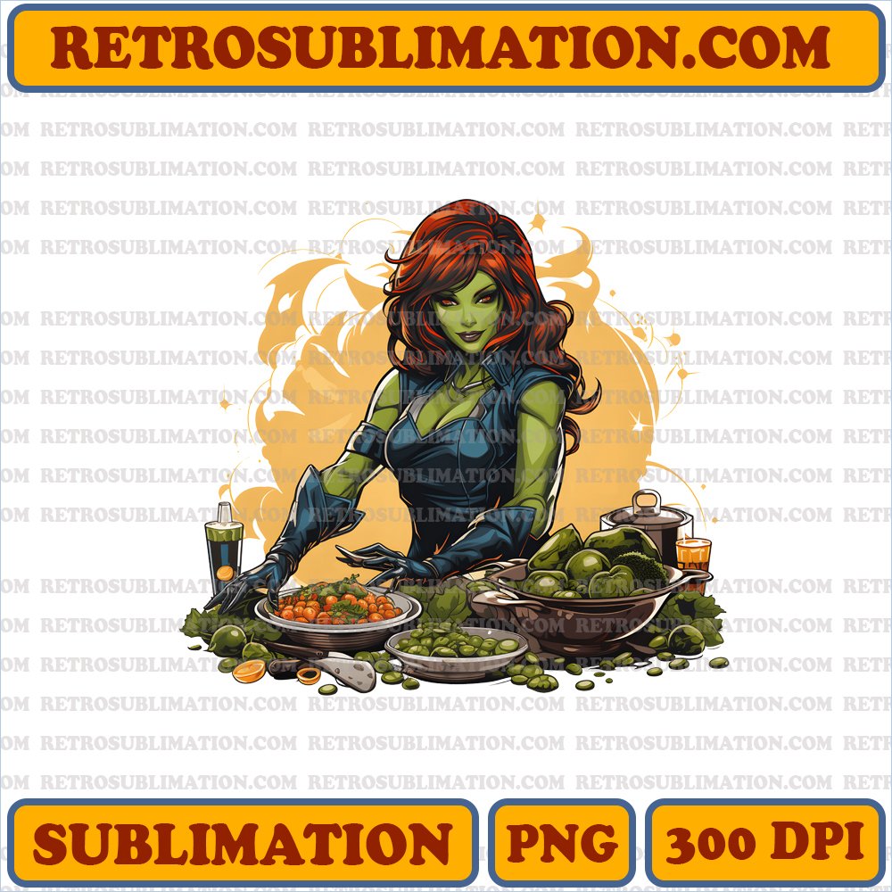 Serious Green Gamora Teaching Drax to Cook | Thanksgiving PNG Digital Download
