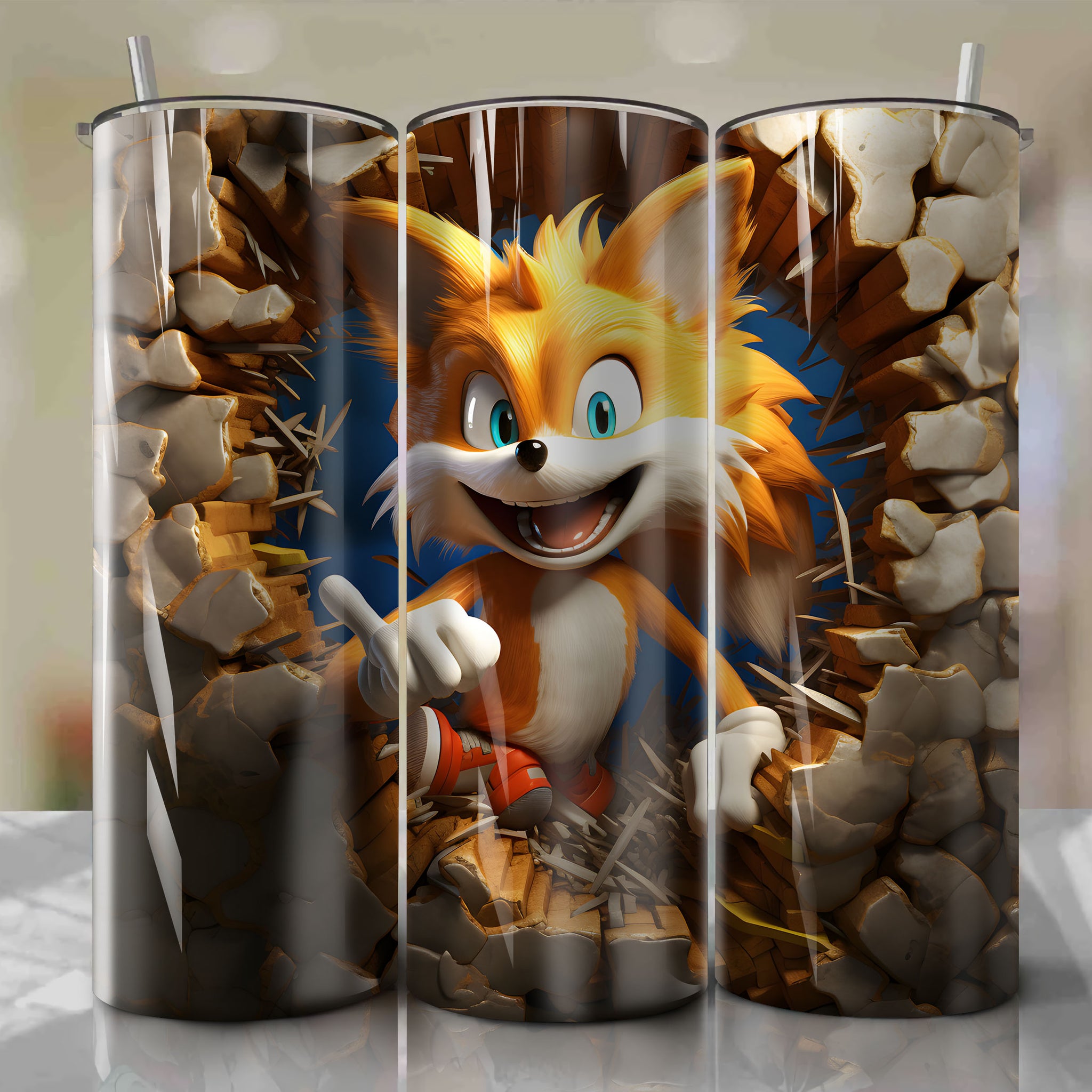 Tails 3D Artwork - Vibrant and Loyal Fox Peeking from Cracked Hole at Mystic Ruins
