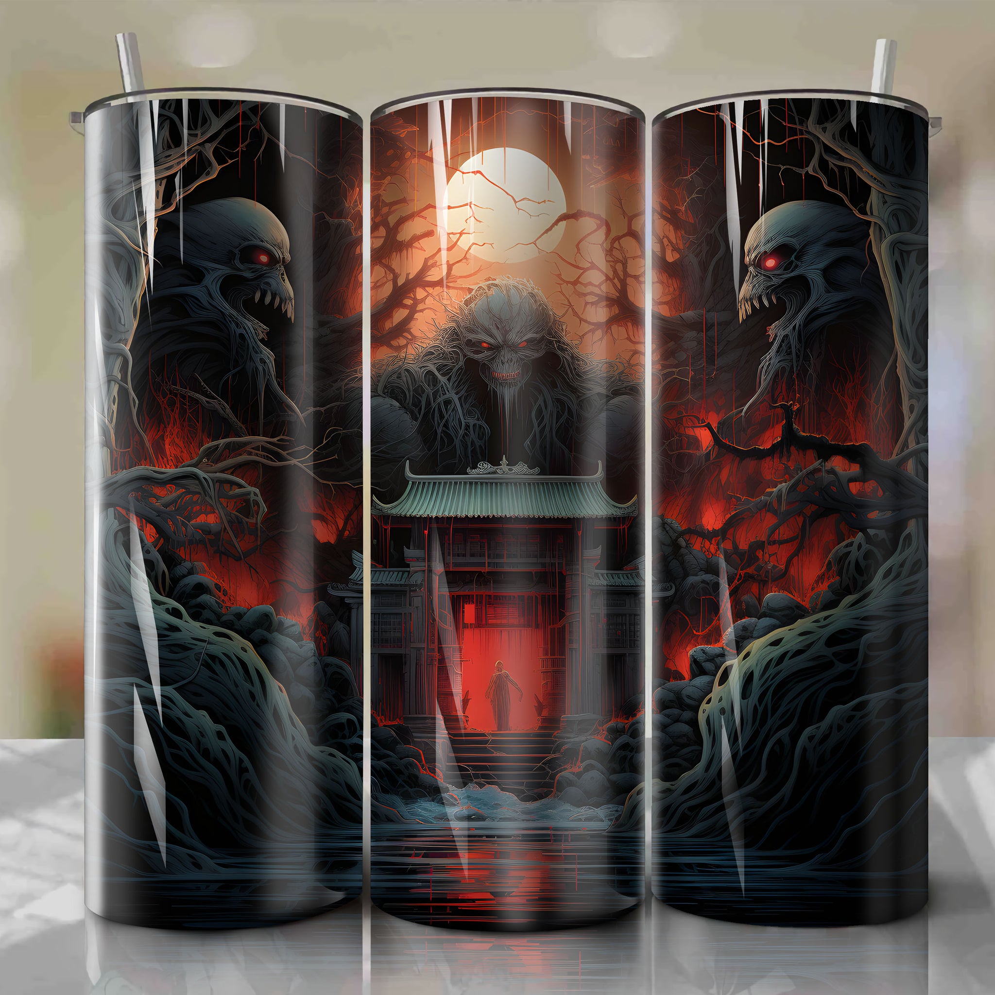 20 Oz Tumbler Wrap - Vengeful Spirit & Haunting Japanese Shrine Design for Halloween
