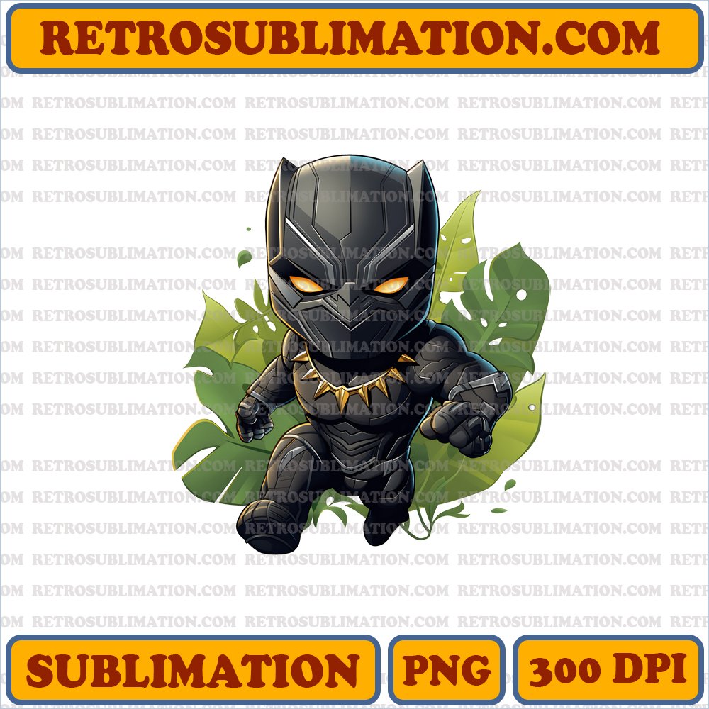 Fierce Chibi Black Panther - Digital Download PNG Sublimation Art - Mini-Heroic Leap in Jungle Vibes
