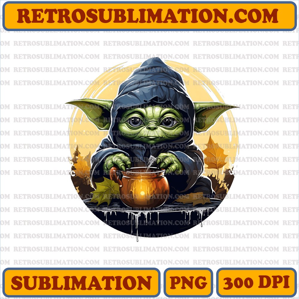 Cute Baby Yoda Witch Hat Halloween PNG Digital Download - Sip Potion from Cauldron - Unique Sublimation Design - Creative and Distinctive
