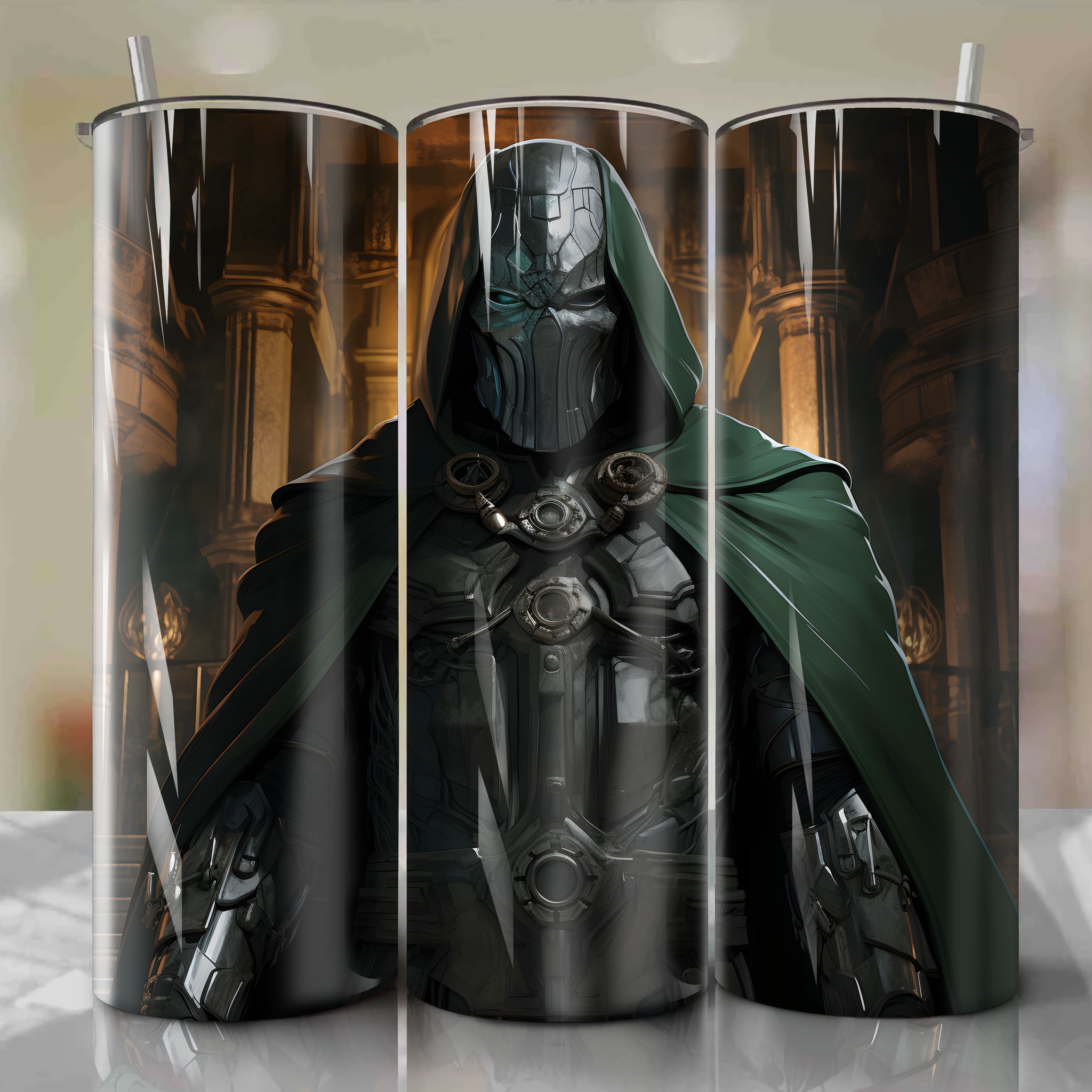 Victor Von Doom, the Ruthless Ruler of Latveria, Emerging from Castle Doom: A 20 Oz Tumbler Wrap for Power and Ambition.
