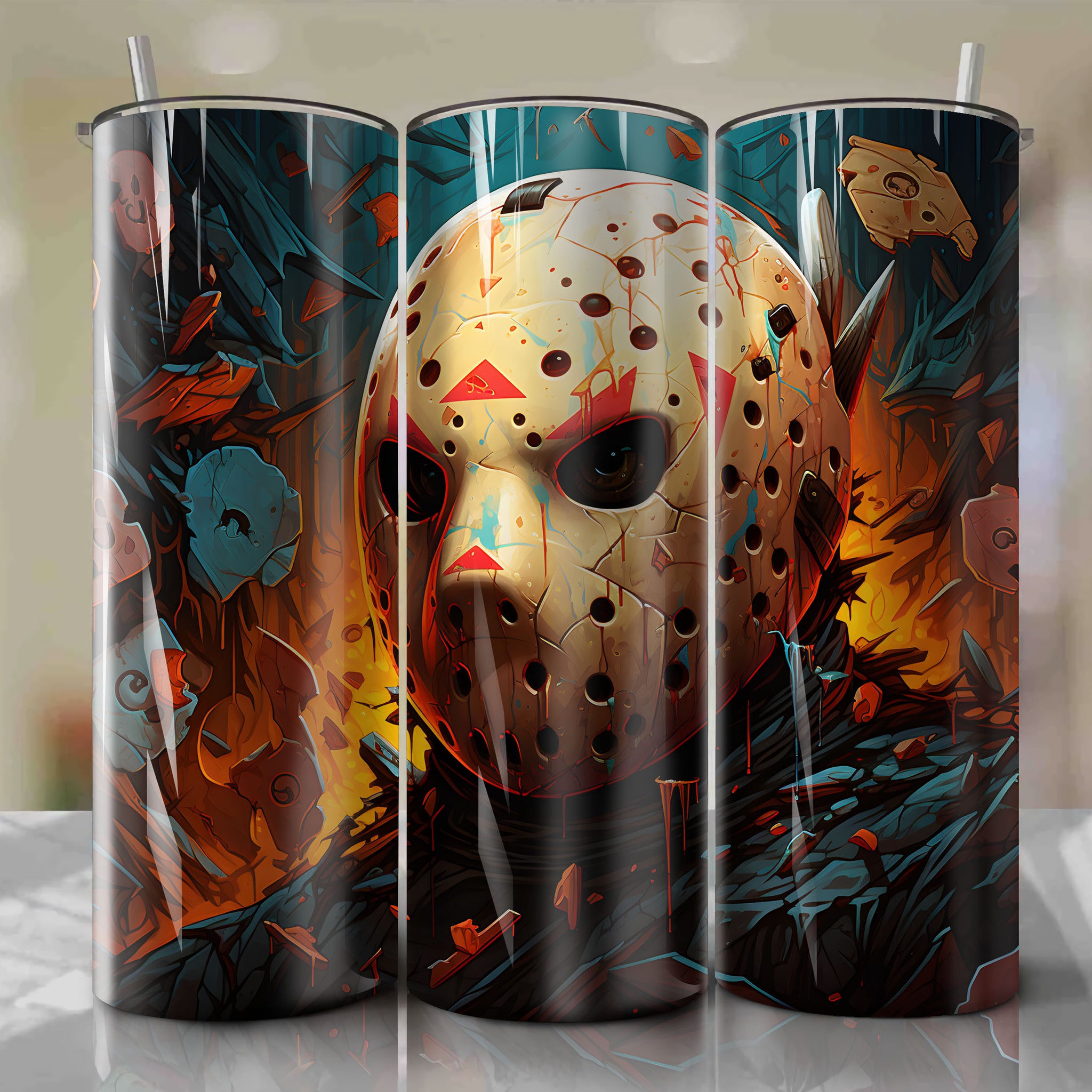 Vibrant 3D Jason Voorhees Tumbler Wrap with Halloween Symbols - Limited Edition 20 Oz
