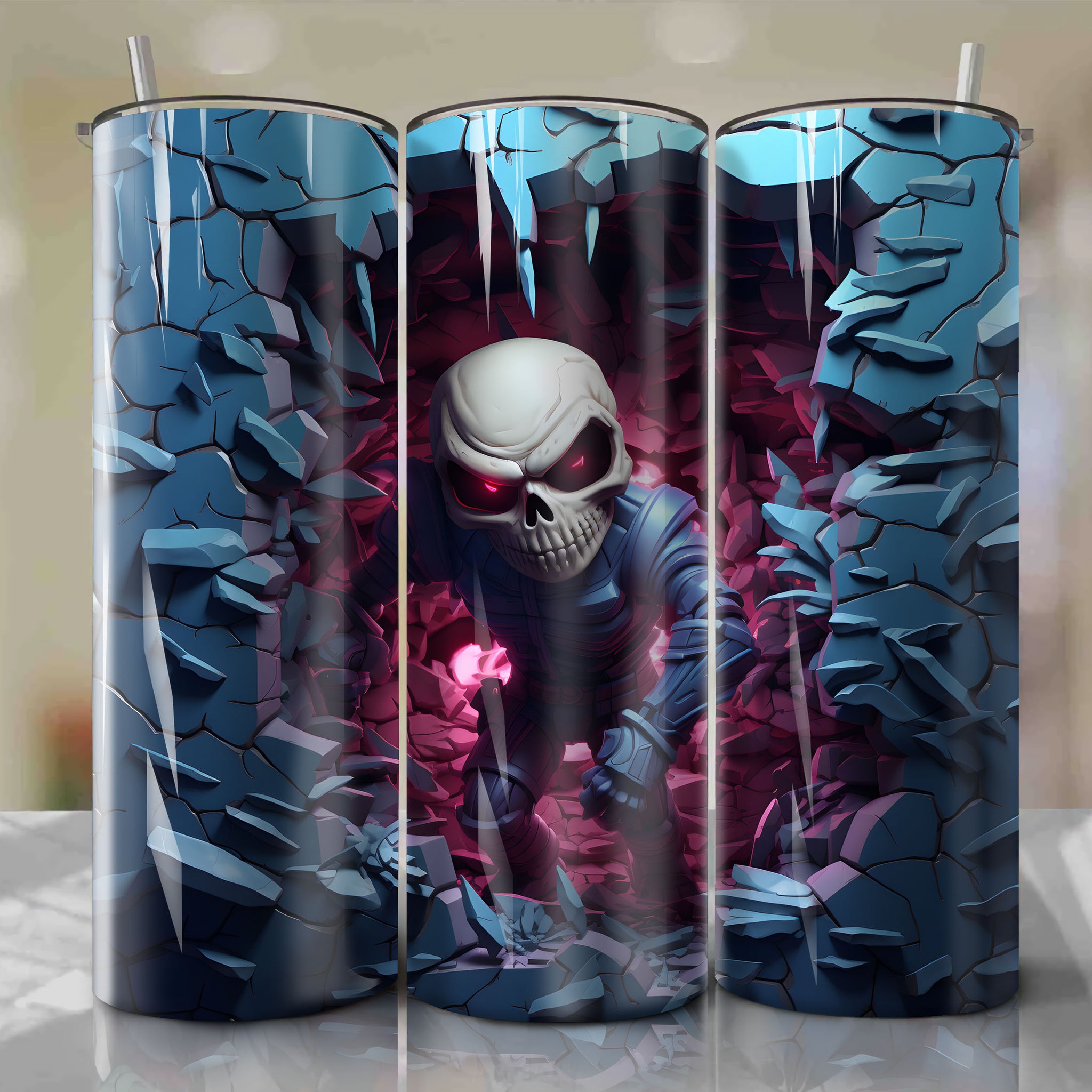 Captivating 20 Oz Tumbler Wrap: Sans (Undertale) Emerges from Cracked Wall in Enchanting 3D Style by Dan Mumford
