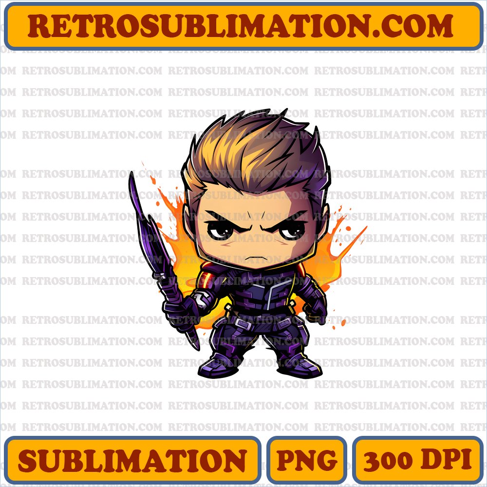 Hawkeye Chibi Digital Download - Sublimation PNG - Focused Energy Bow & Arrow - Bootleg Style - Unique Design - Primary Colors - High Contrast Typography
