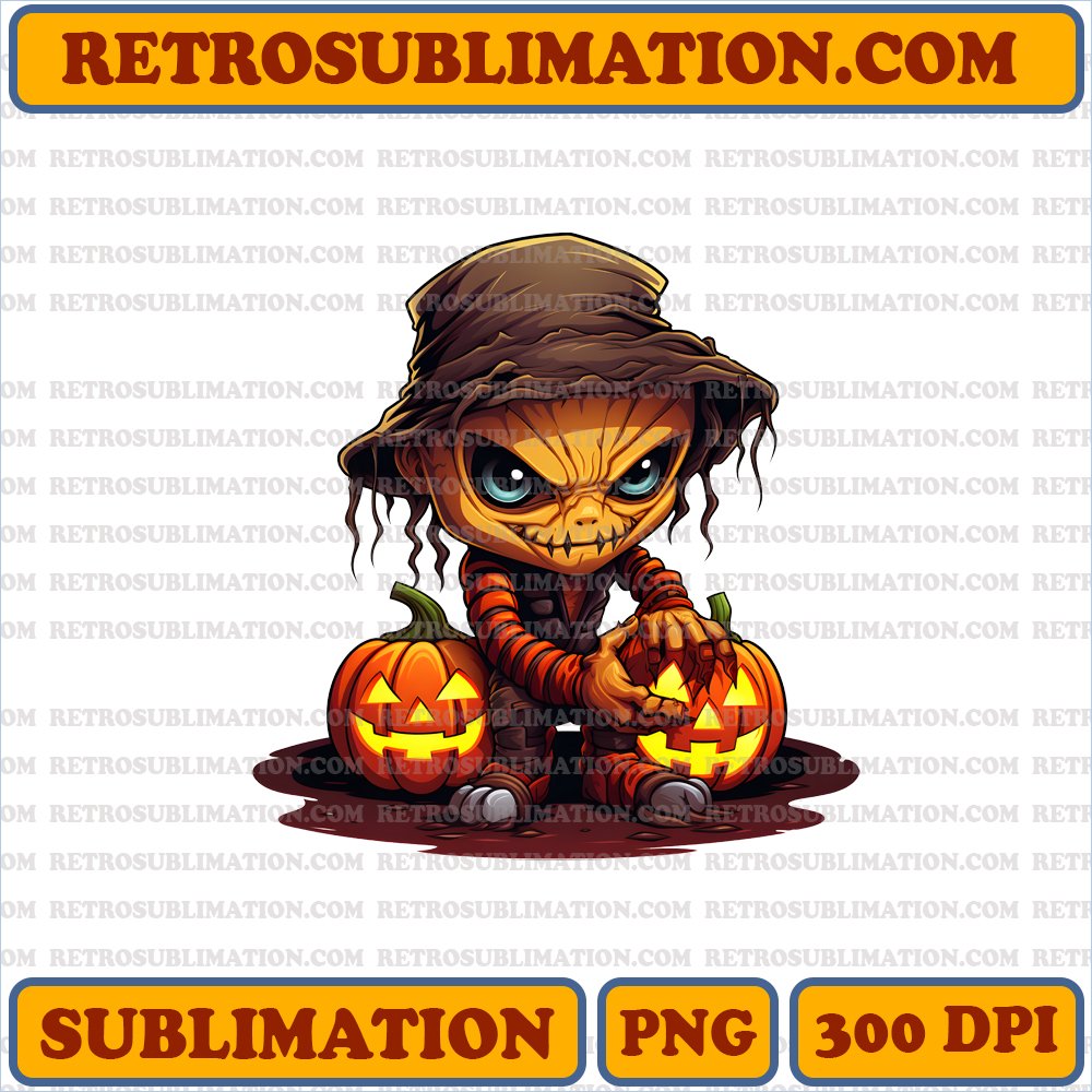 Curious Chibi Krueger Examining Halloween Pumpkin - Bootleg Style PNG Digital Download
