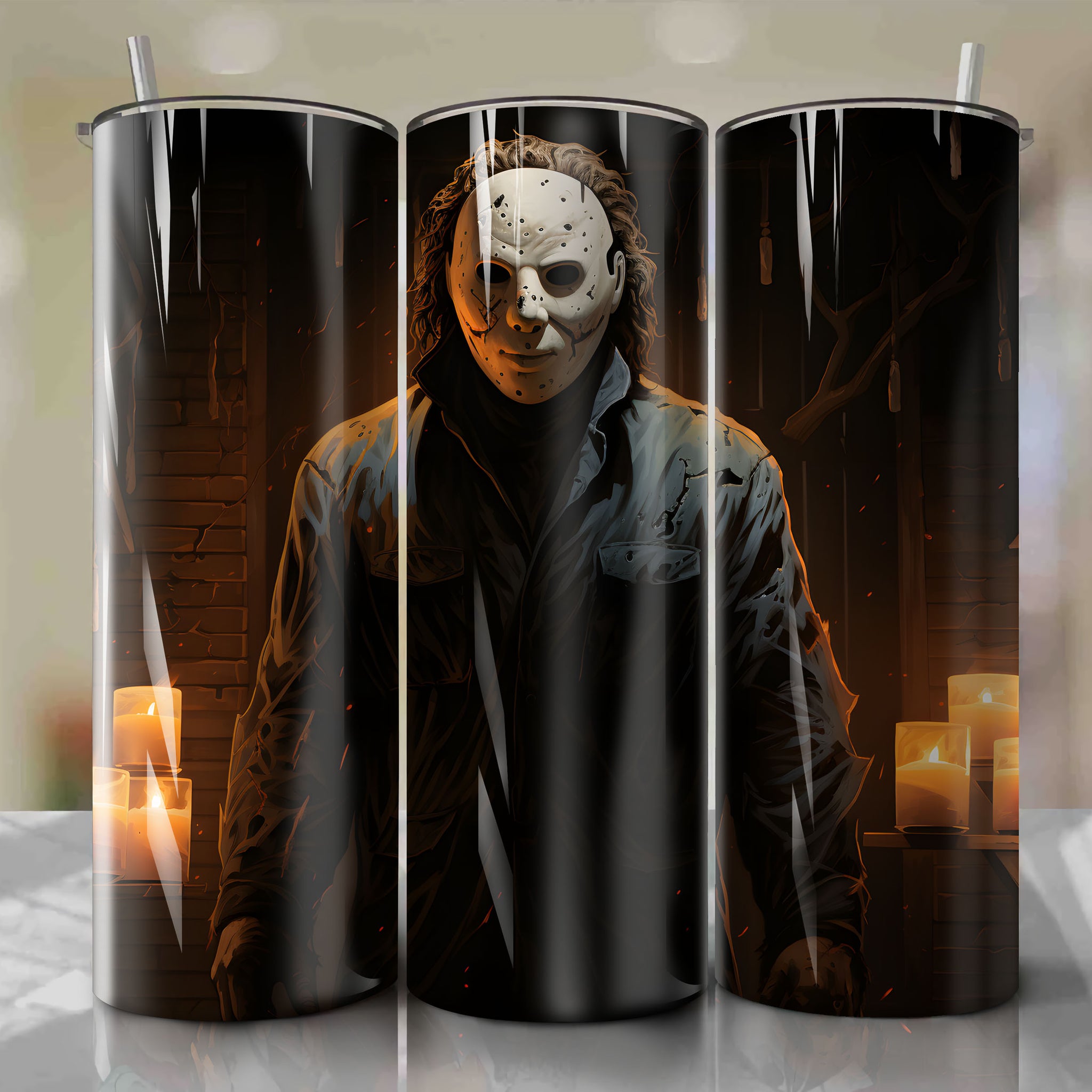 Creepy Michael Myers 20 Oz Tumbler Wrap for Halloween Enthusiasts
