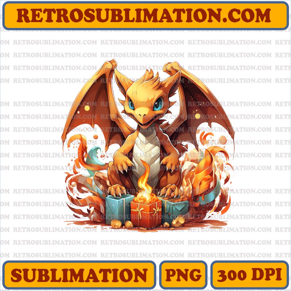 Charizard Unwrapping Present - Blazing Excitement - PNG Sublimation Download
