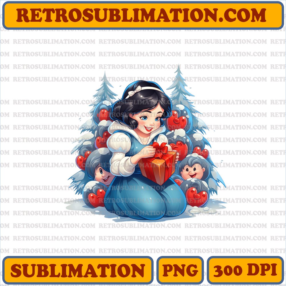 Merry Christmas with Snow White and the Seven Dwarfs - Joyful Tree Decorating - Vibrant Sublimation PNG Download
