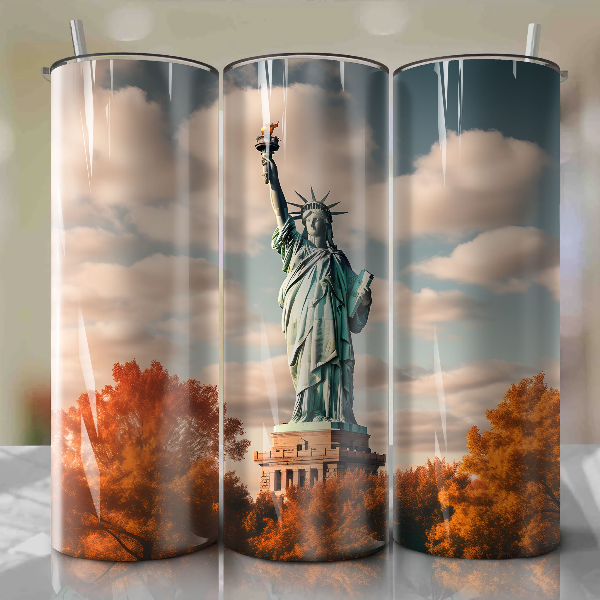 Tumbling Wrap: Statue of Liberty in Autumn Light - Low Angle Shot with Watercolor-Like Strokes
