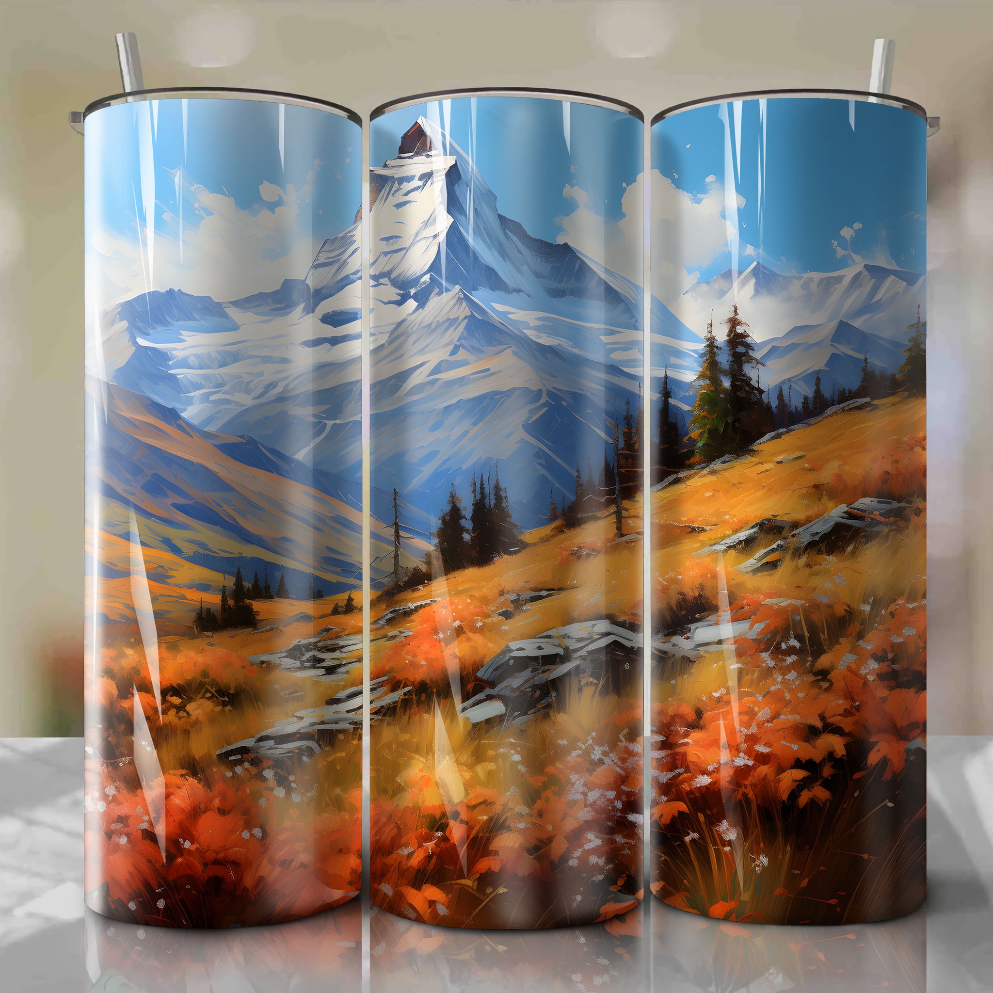 Protective Cover and Fast Shutter Speed: Tumbler Wrap for The Matterhorn in Autumn Rain - Acrylic Painting with Vibrant Colors
