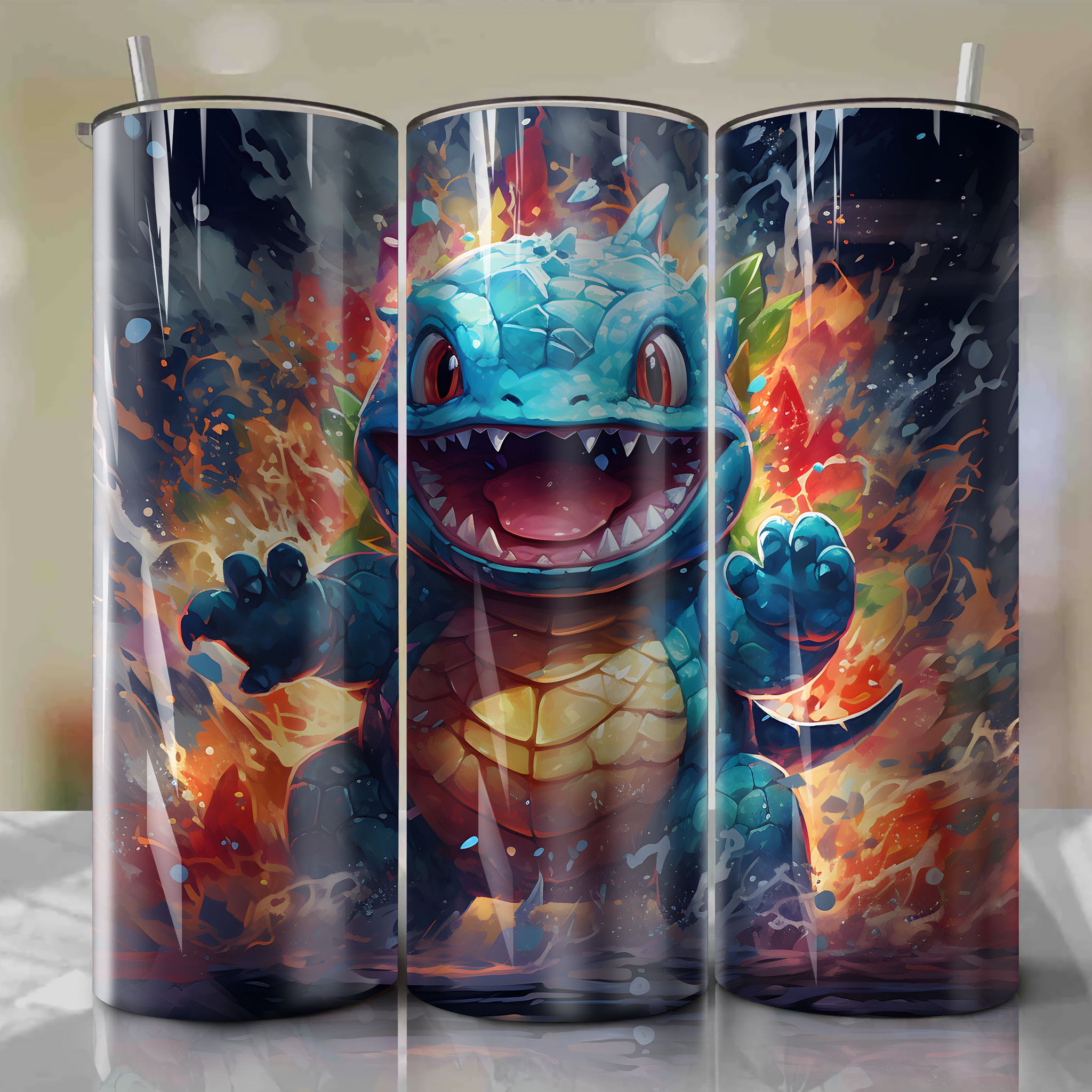 Vibrant 20 Oz Tumbler Wrap - Water-Type Pokémon Totodile in Dynamic Digital Painting
