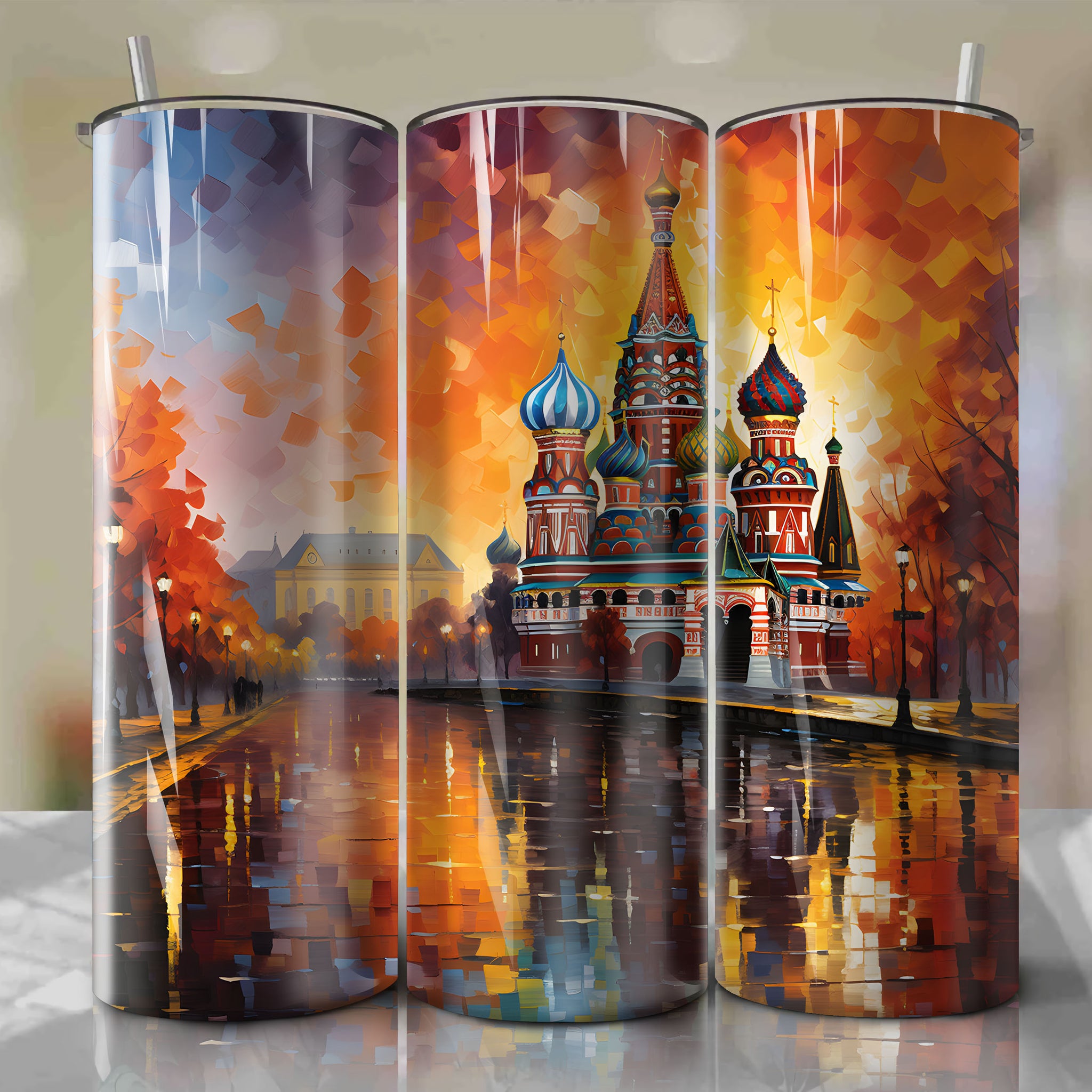 St. Basil's Cathedral: Vibrant Autumn Rainy Acrylic Painting with Protective Cover
