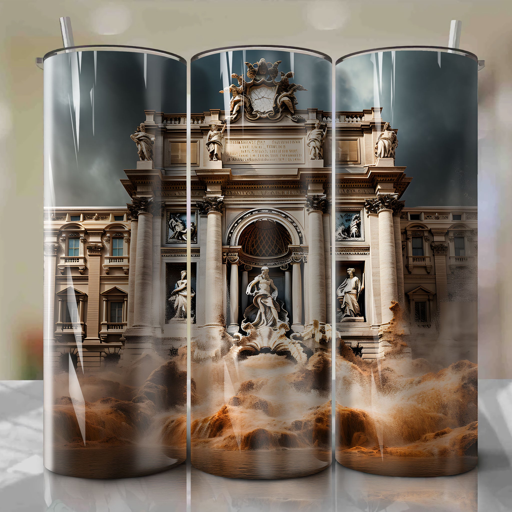 Trevi Fountain Tumbler Wrap - Autumn, Cloudy, High ISO, f/5 Aperture - Pointillism Bright Dots
