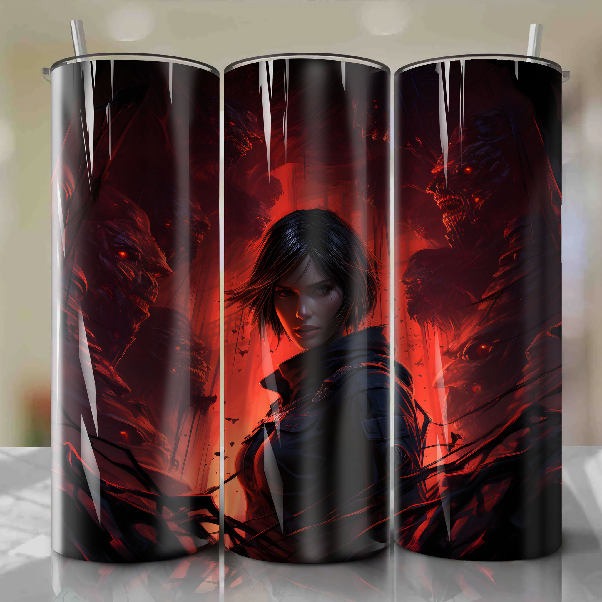 20 Oz Tumbler Wrap - Ada Wong from Resident Evil: Enigmatic Spy Emerges from Cracked Hole
