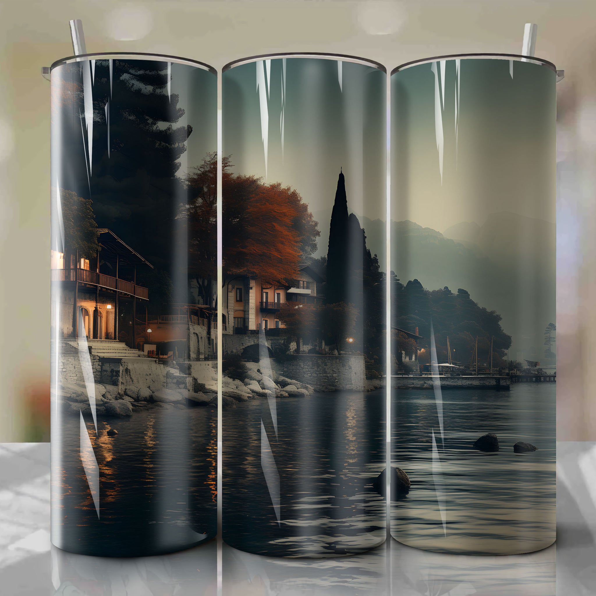 Autumn Dusk Tumbler Wrap: Enhancing Lake Como's Beauty with Textured Mixed Media
