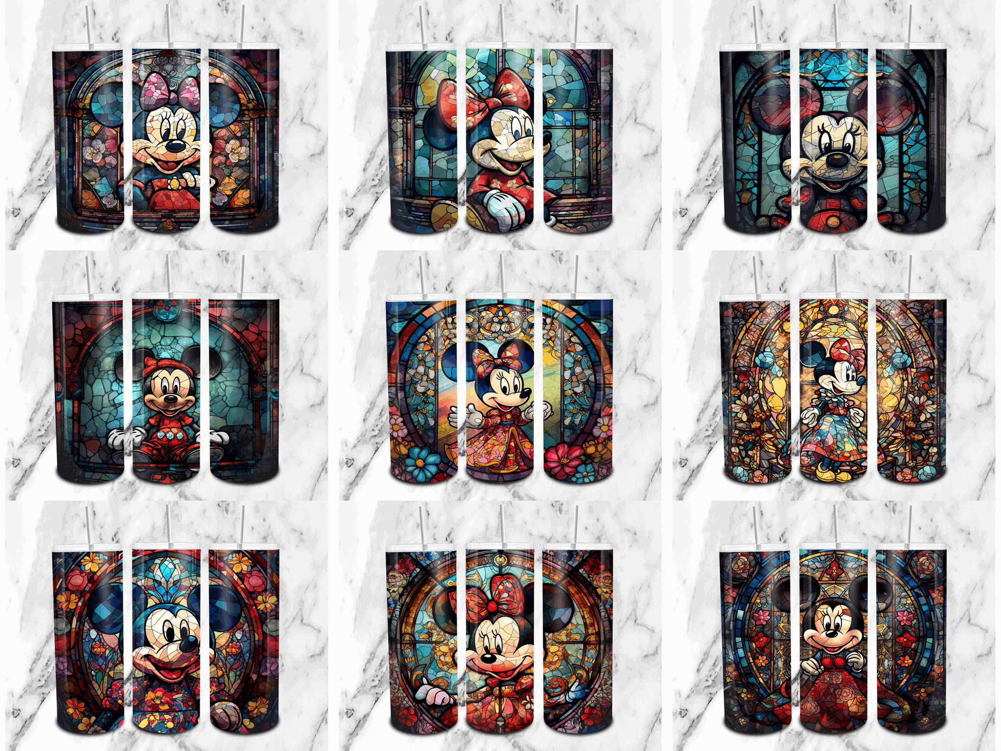 Bundle 18 Cute Mickey And Minnie Figure In A Stained Glass Frame - Cartoon 20oz Skinny Tumbler Wrap PNG - Sublimation - Instant Download